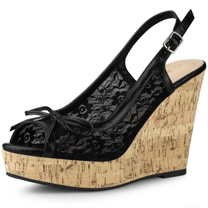 Women's Wood Platform Heels Bow Lace Wedge Sandals sold by Allegra K