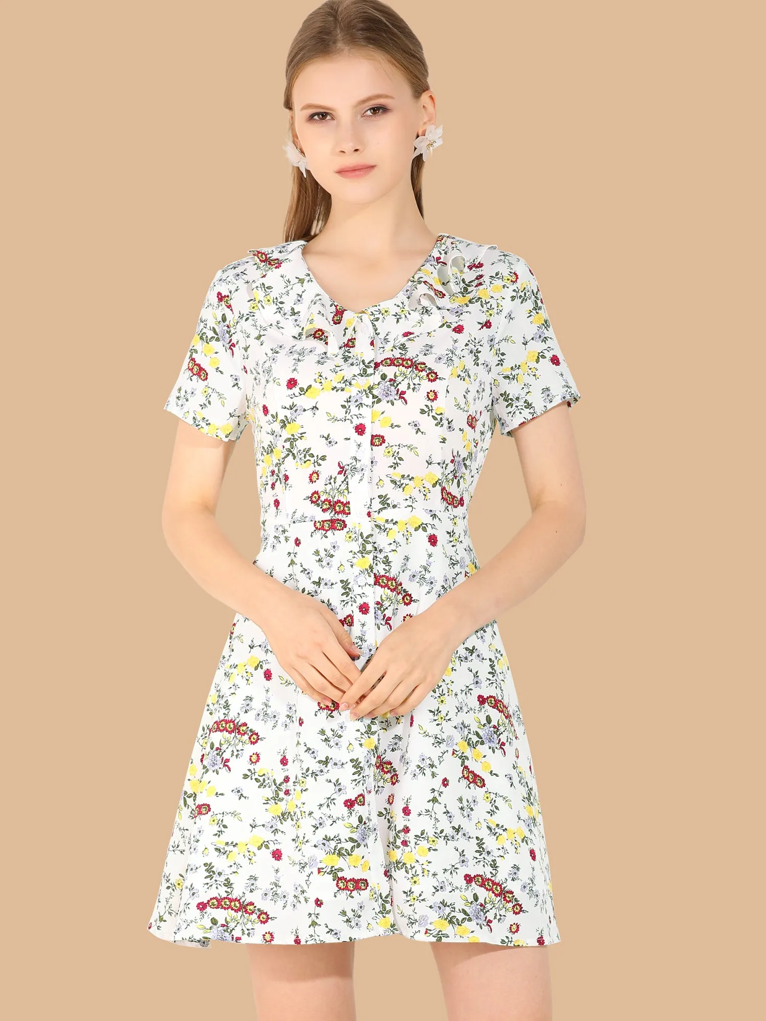 Ruffle Neck Short Sleeve Button Closure Chiffon Floral A-Line Dress sold by Allegra K product image thumbnail 3