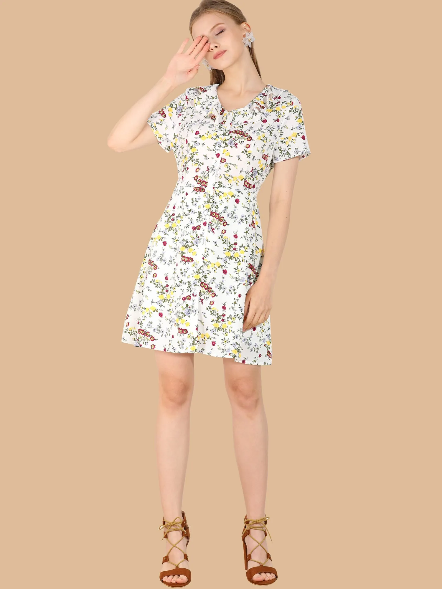 Ruffle Neck Short Sleeve Button Closure Chiffon Floral A-Line Dress sold by Allegra K product image thumbnail 2