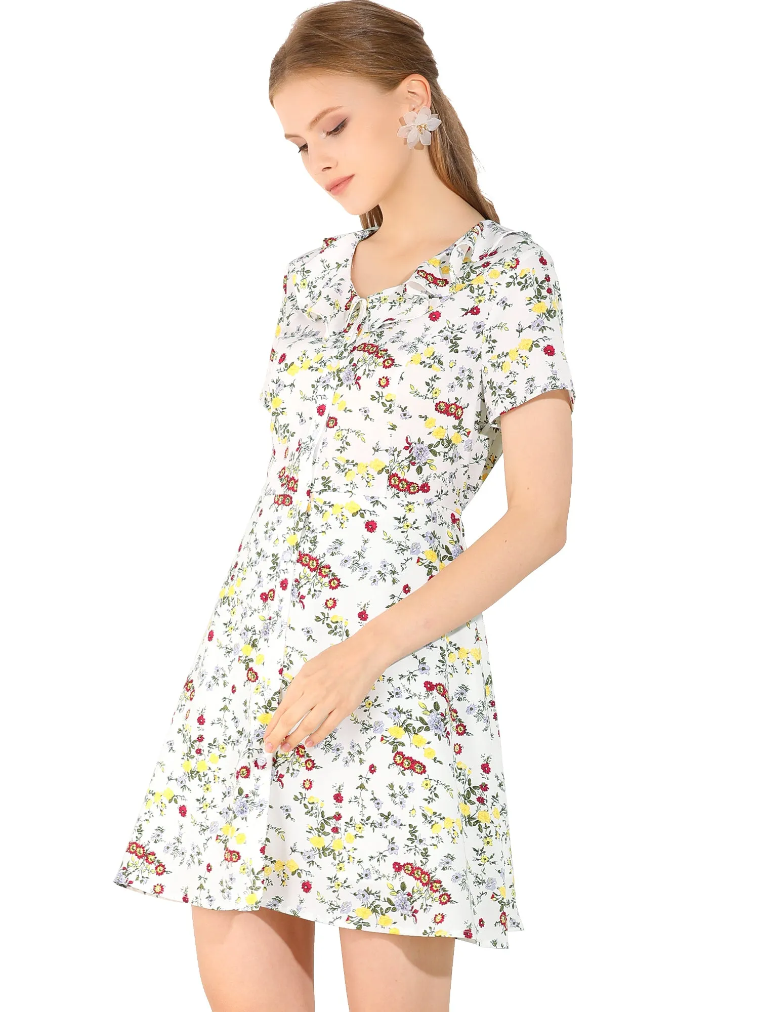 Ruffle Neck Short Sleeve Button Closure Chiffon Floral A-Line Dress sold by Allegra K product image thumbnail 5