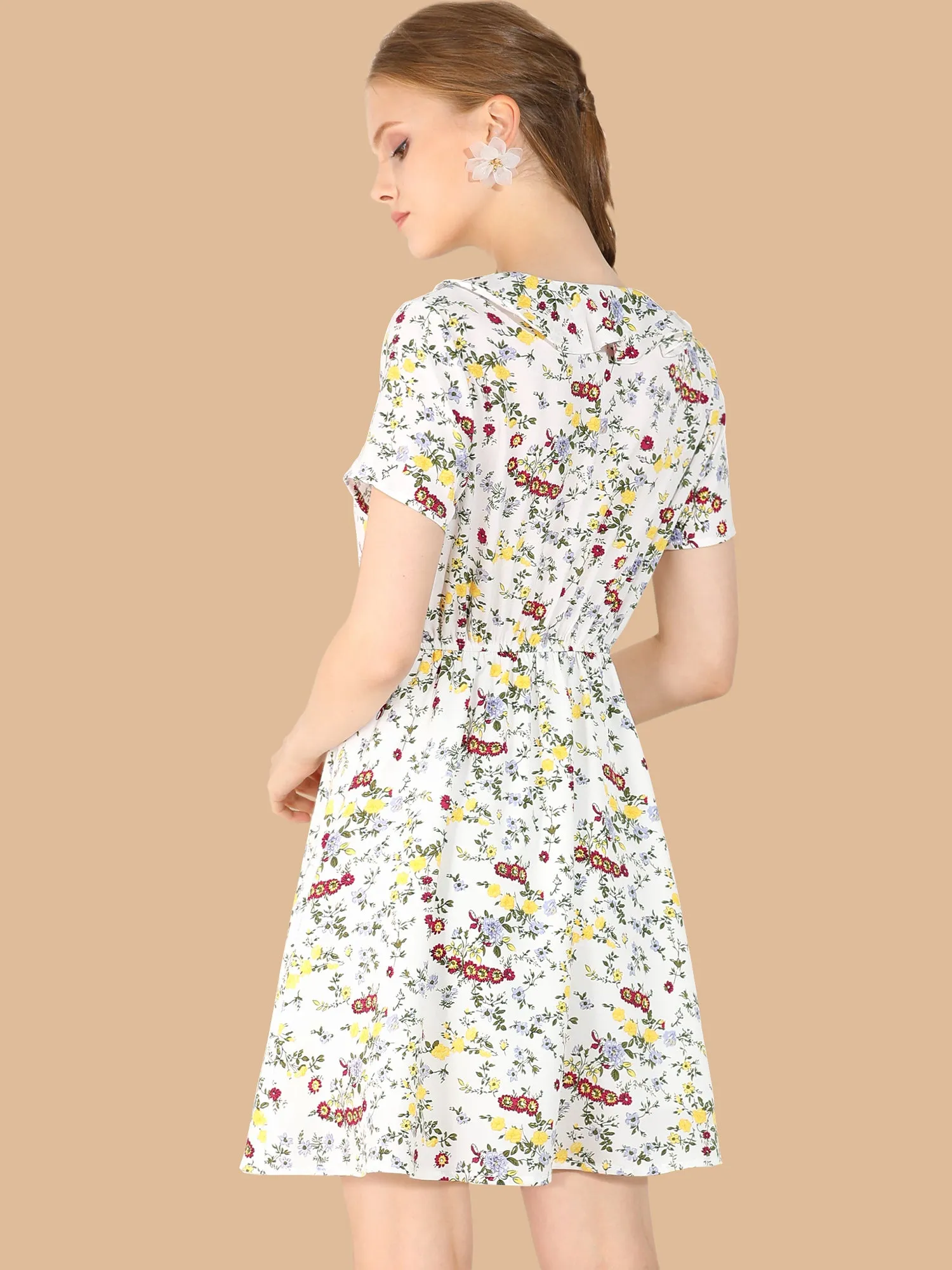 Ruffle Neck Short Sleeve Button Closure Chiffon Floral A-Line Dress sold by Allegra K product image thumbnail 4
