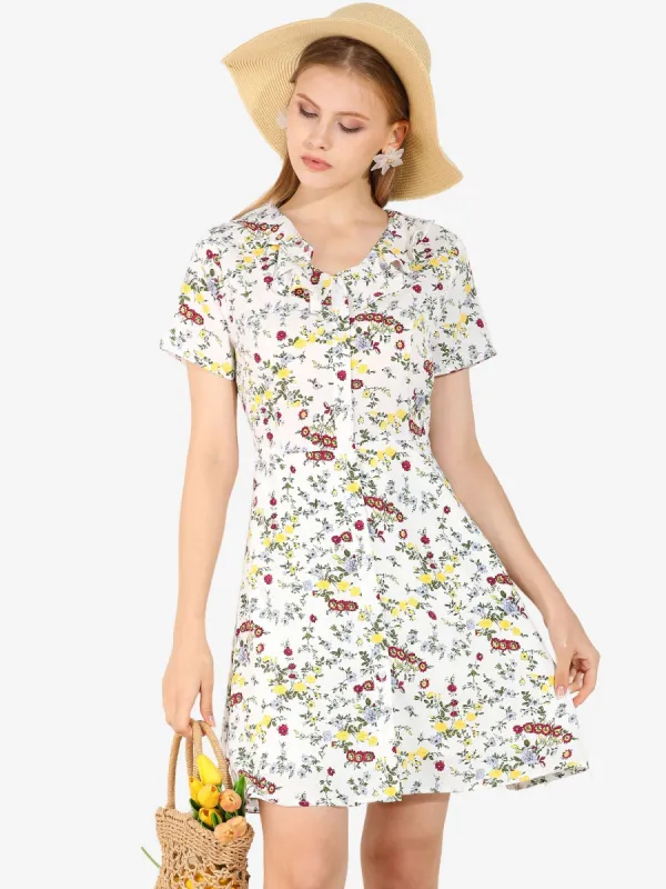 Ruffle Neck Short Sleeve Button Closure Chiffon Floral A-Line Dress sold by Allegra K
