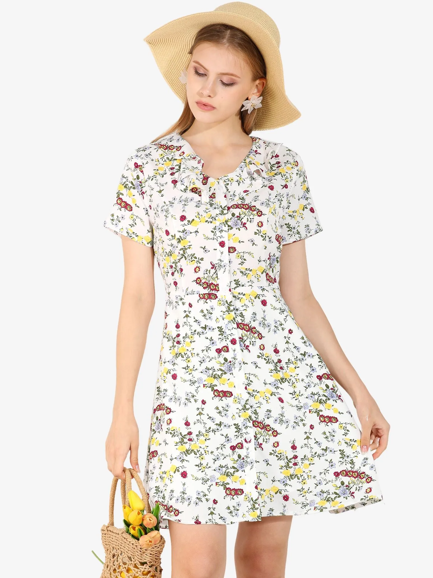 Ruffle Neck Short Sleeve Button Closure Chiffon Floral A-Line Dress sold by Allegra K
