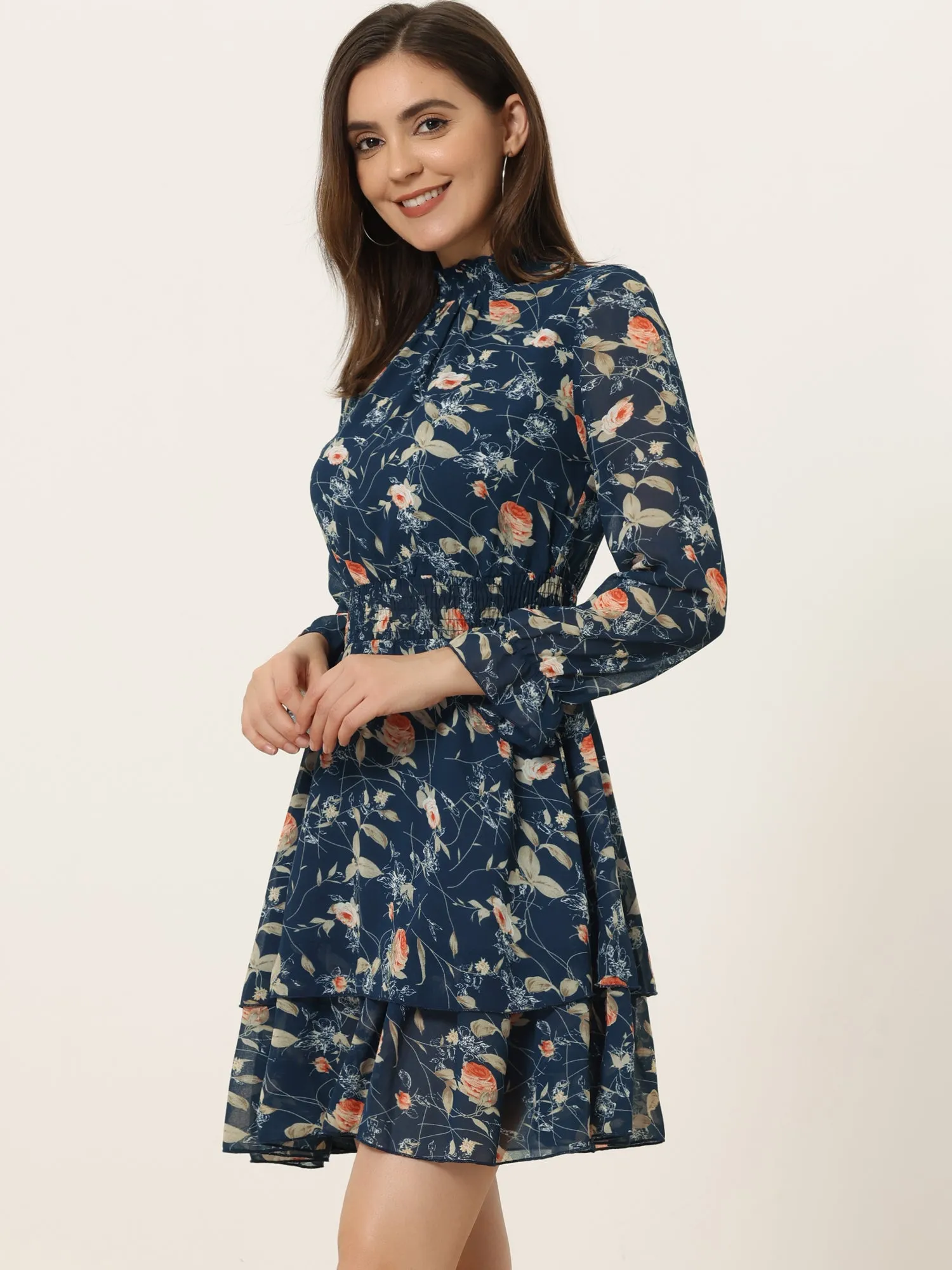 Floral Chiffon Long Sleeve Mock Neck Ruffle Layered Mini Dress sold by Allegra K product image thumbnail 2