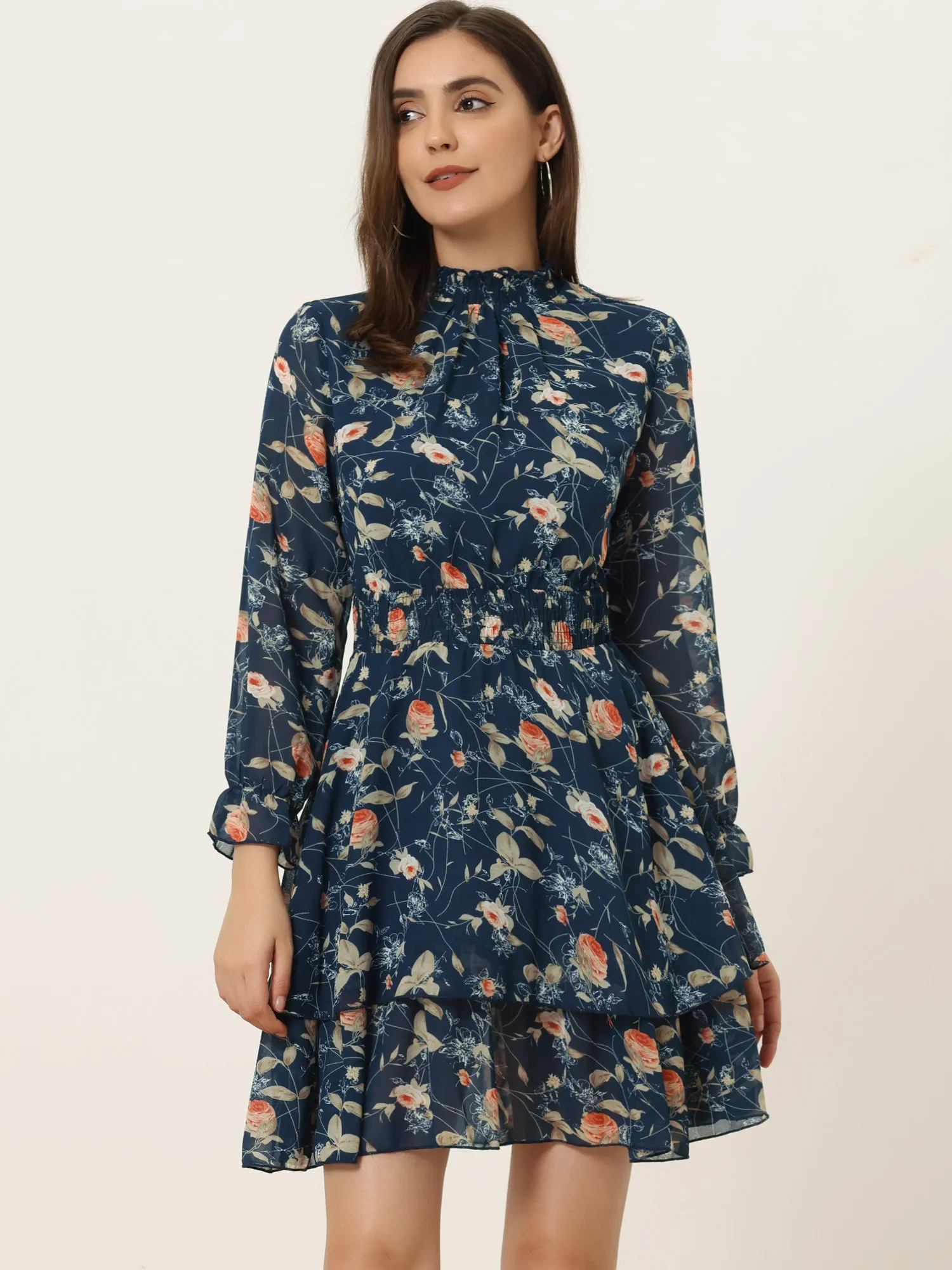 Floral Chiffon Long Sleeve Mock Neck Ruffle Layered Mini Dress sold by Allegra K