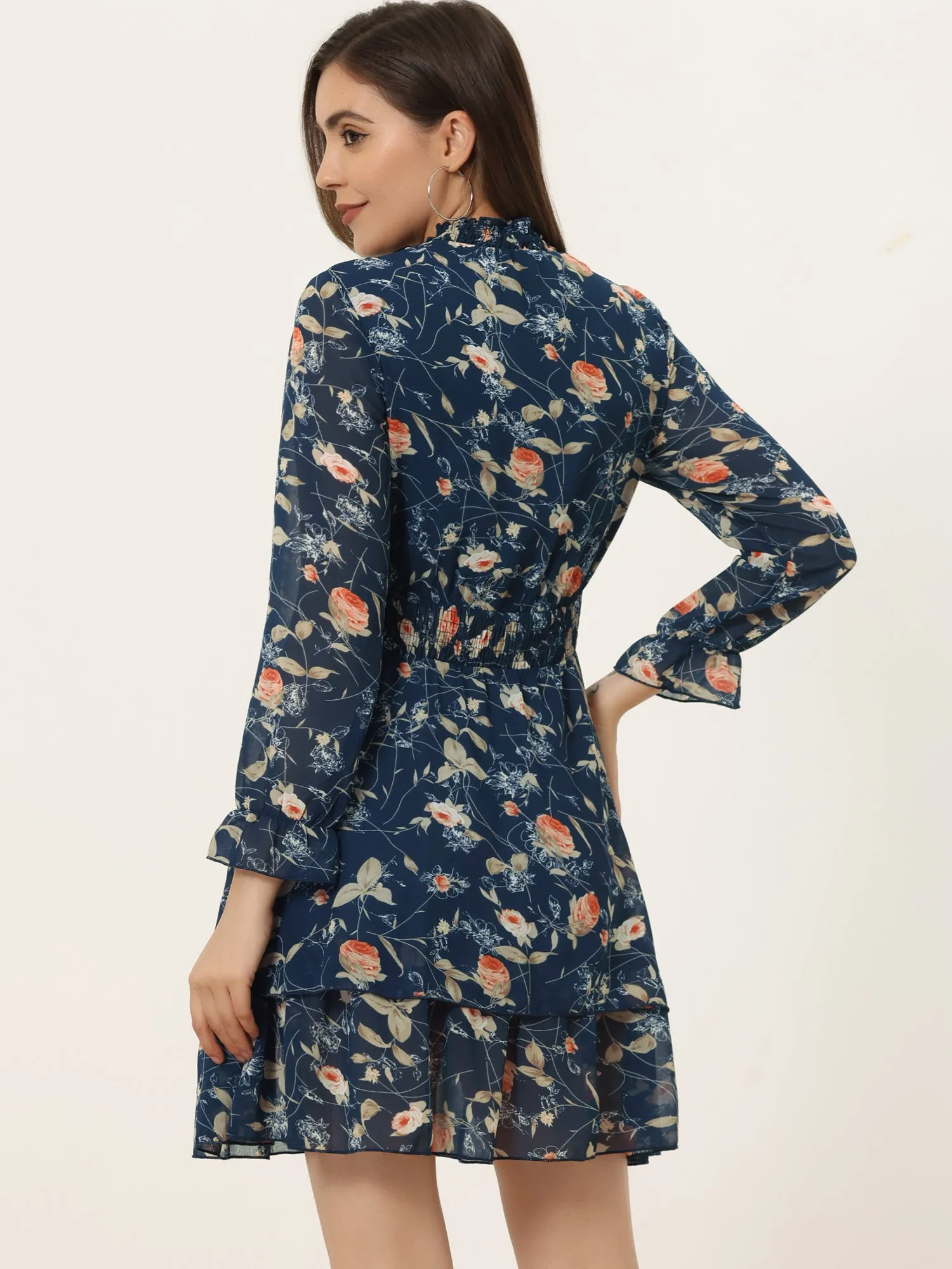Floral Chiffon Long Sleeve Mock Neck Ruffle Layered Mini Dress sold by Allegra K product image thumbnail 3