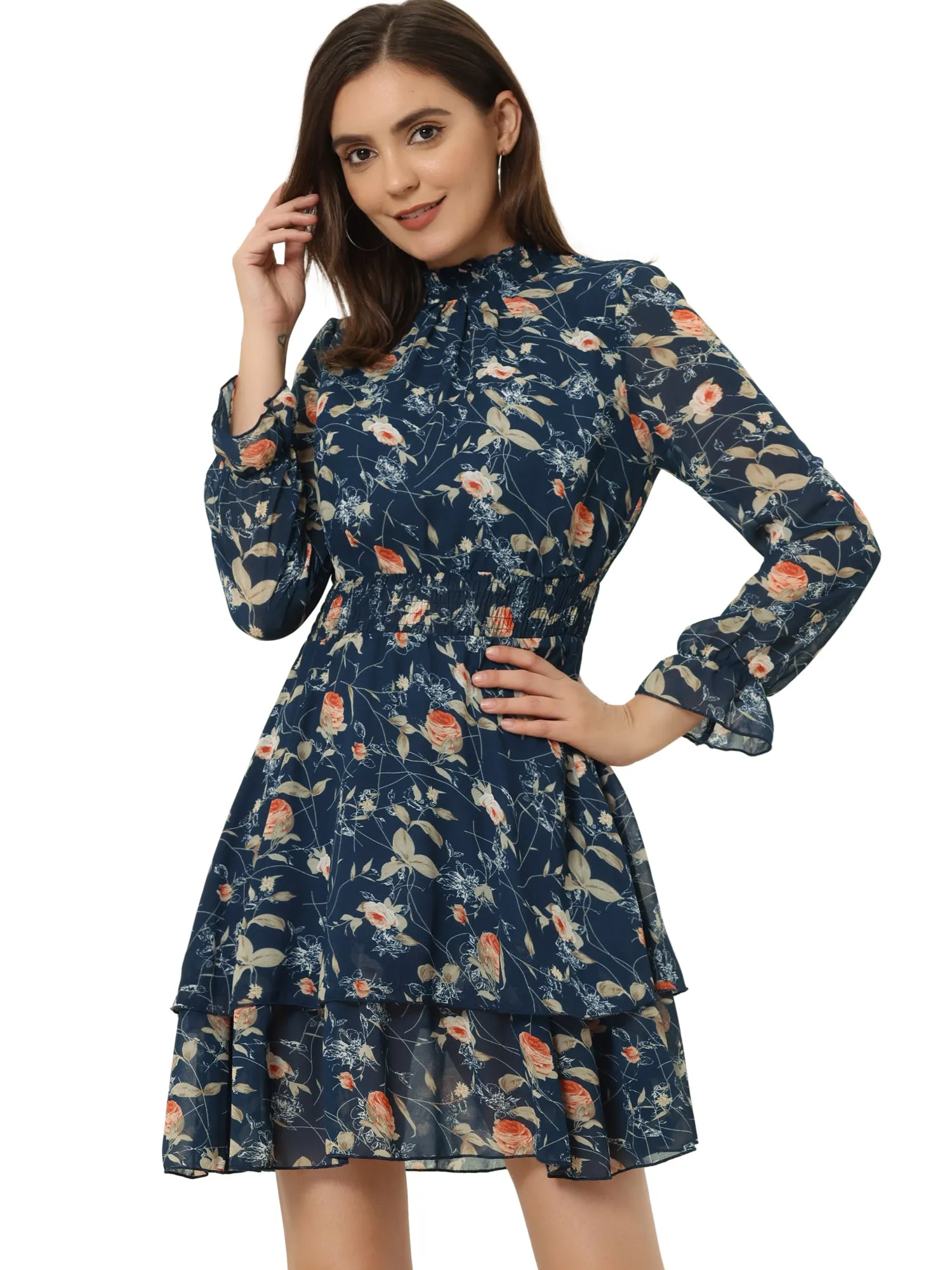 Floral Chiffon Long Sleeve Mock Neck Ruffle Layered Mini Dress sold by Allegra K product image thumbnail 5