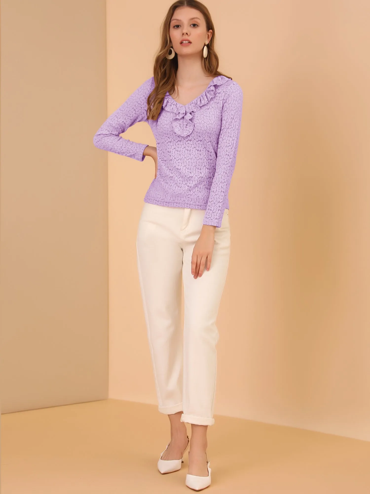 Sheer Lace Blouse Textured Office Elegant Floral Knit Ruffle Top sold by Allegra K product image thumbnail 3