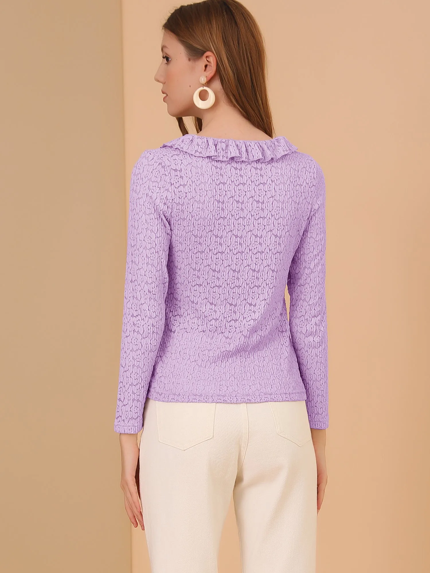 Sheer Lace Blouse Textured Office Elegant Floral Knit Ruffle Top sold by Allegra K product image thumbnail 5