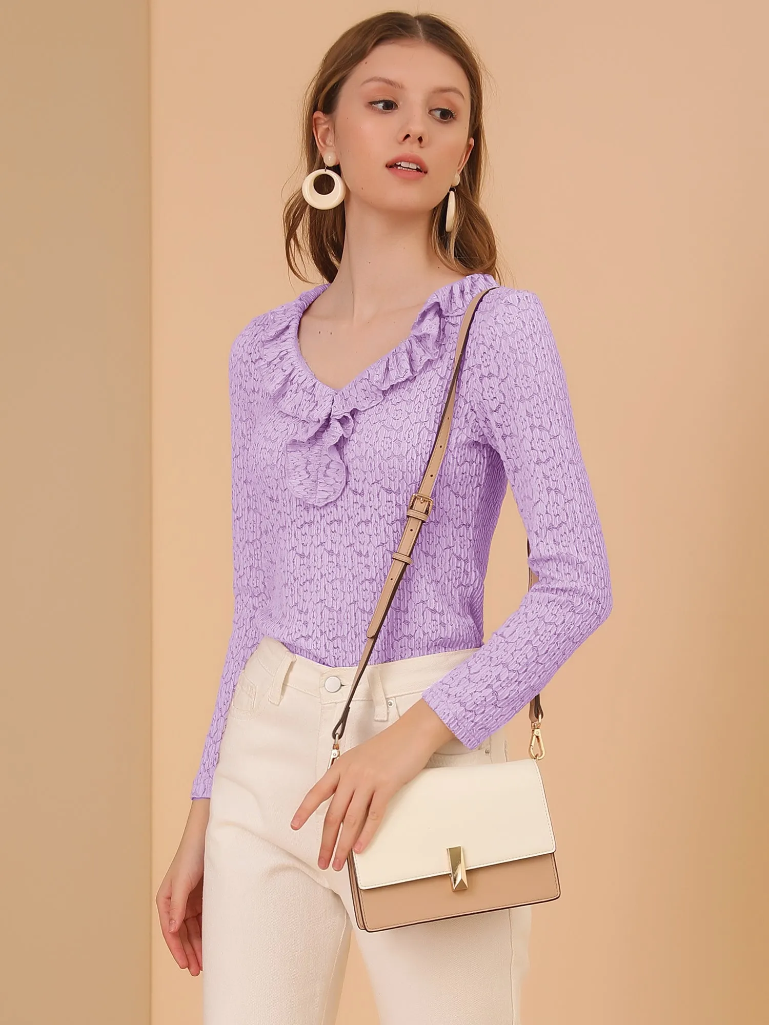 Sheer Lace Blouse Textured Office Elegant Floral Knit Ruffle Top sold by Allegra K product image thumbnail 2