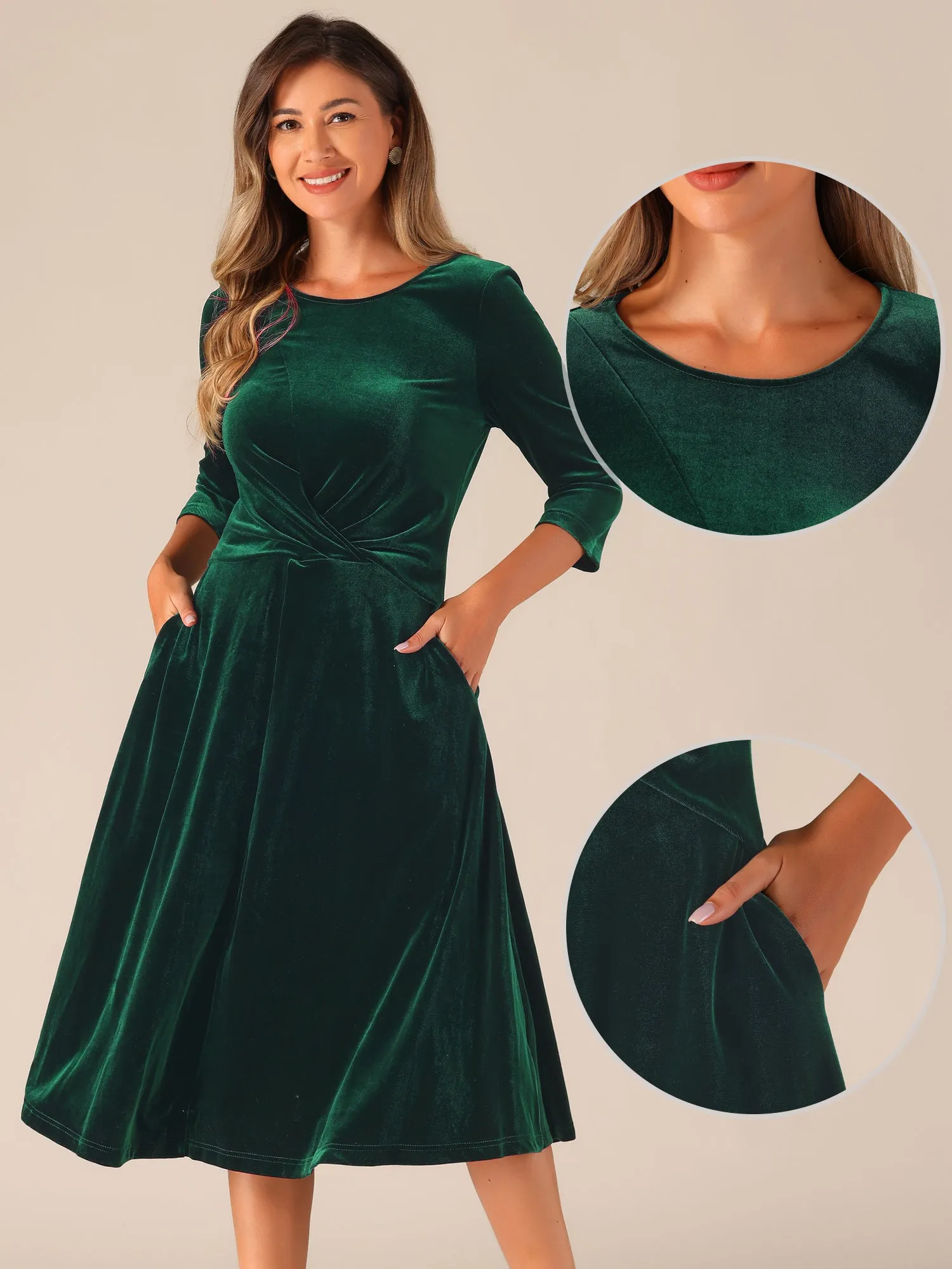 Velevet Round Neck 3/4 Sleeve Twisted A-Line Midi Dress sold by Allegra K product image thumbnail 2