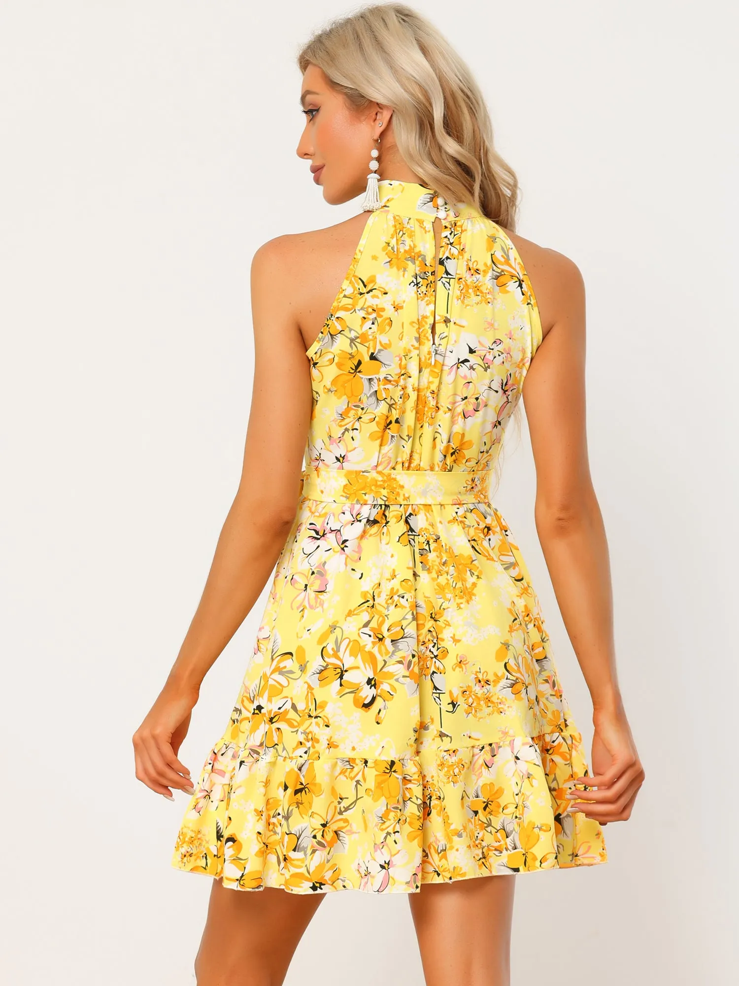 Floral Print Sleeveless Halter Neck High Waist Belted A-line Dress Sundress sold by Allegra K product image thumbnail 4