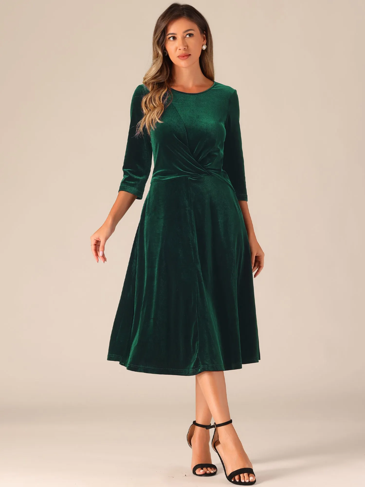 Velevet Round Neck 3/4 Sleeve Twisted A-Line Midi Dress sold by Allegra K