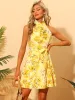 Floral Print Sleeveless Halter Neck High Waist Belted A-line Dress Sundress sold by Allegra K