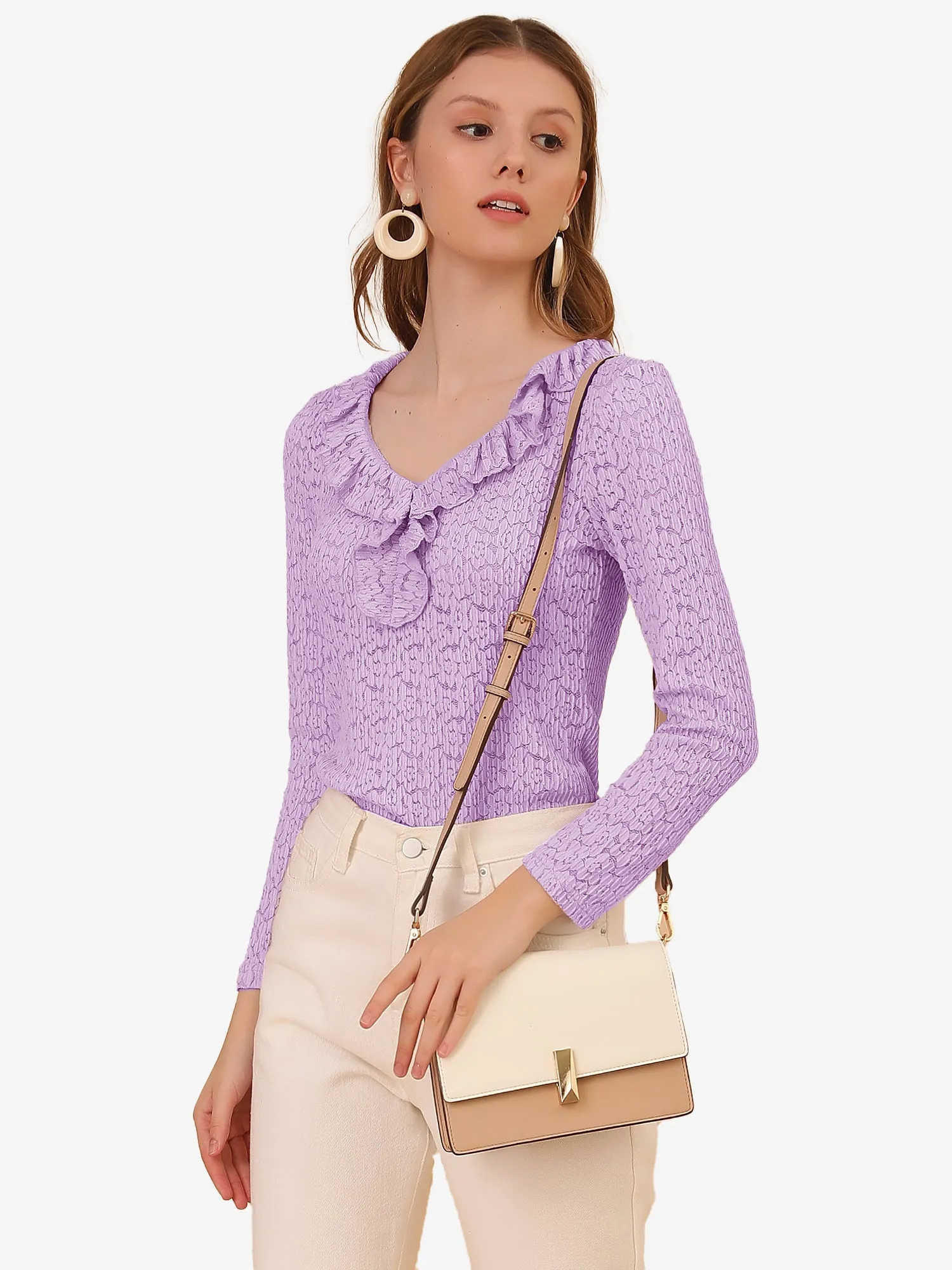 Sheer Lace Blouse Textured Office Elegant Floral Knit Ruffle Top sold by Allegra K