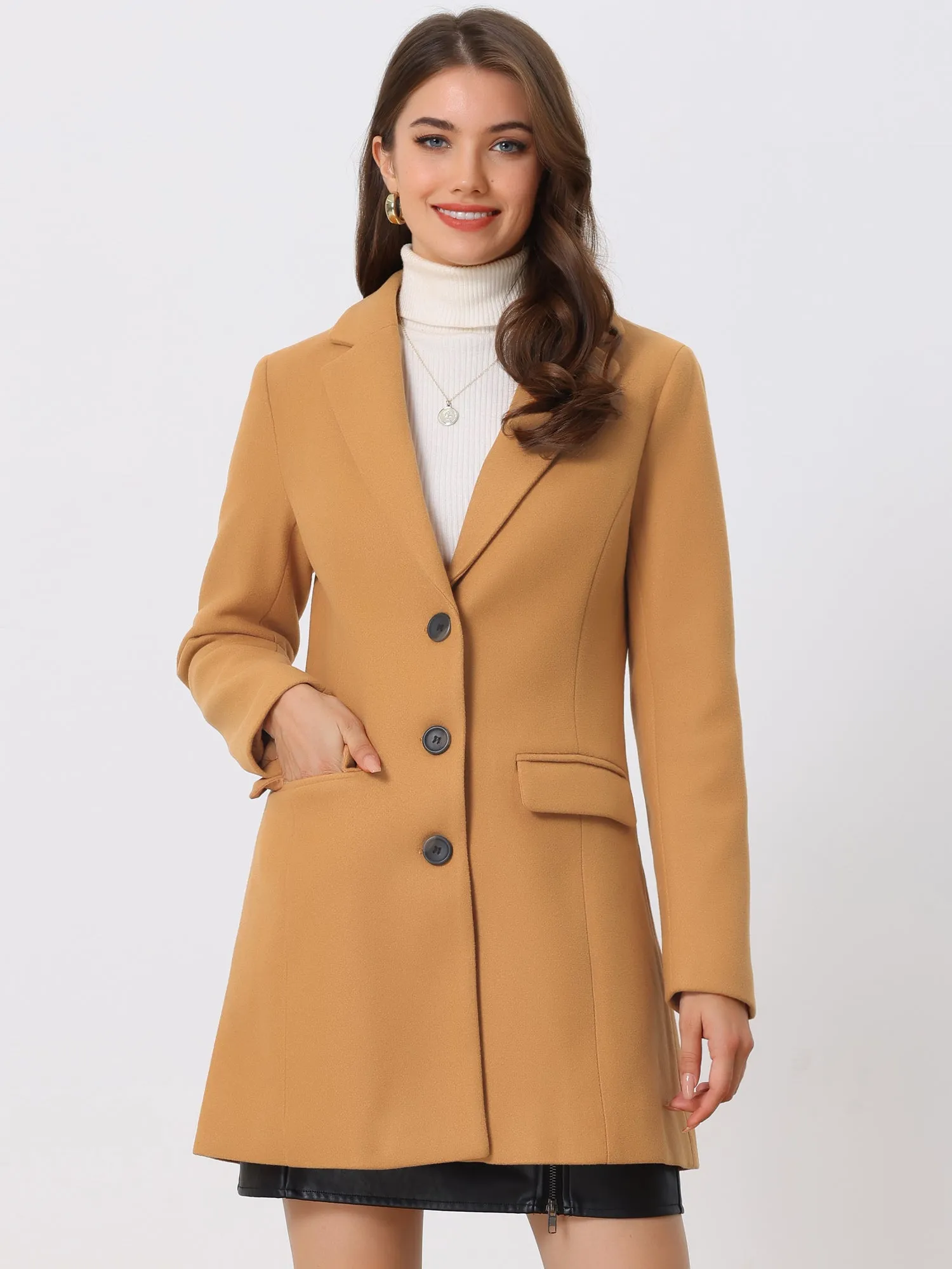 Notched Lapel Single Breasted Winter Outwear Long Coat sold by Allegra K