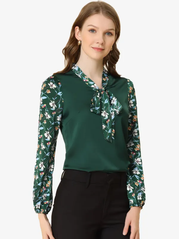 Allegra K Satin Contrast Floral Panel Bow Tie Long Sleeve Work Blouse sold by Allegra K