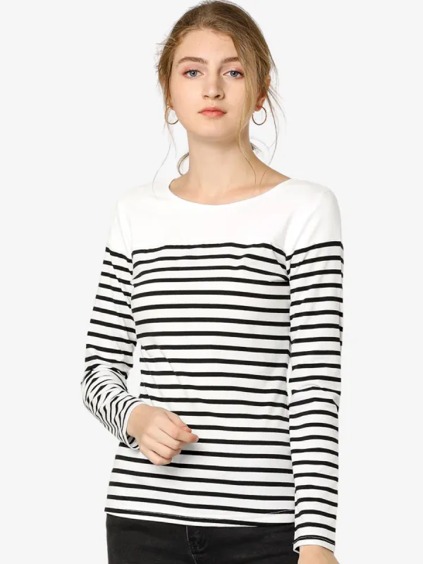 Striped Color Block Long Sleeve Round Neck T-Shirt sold by Allegra K