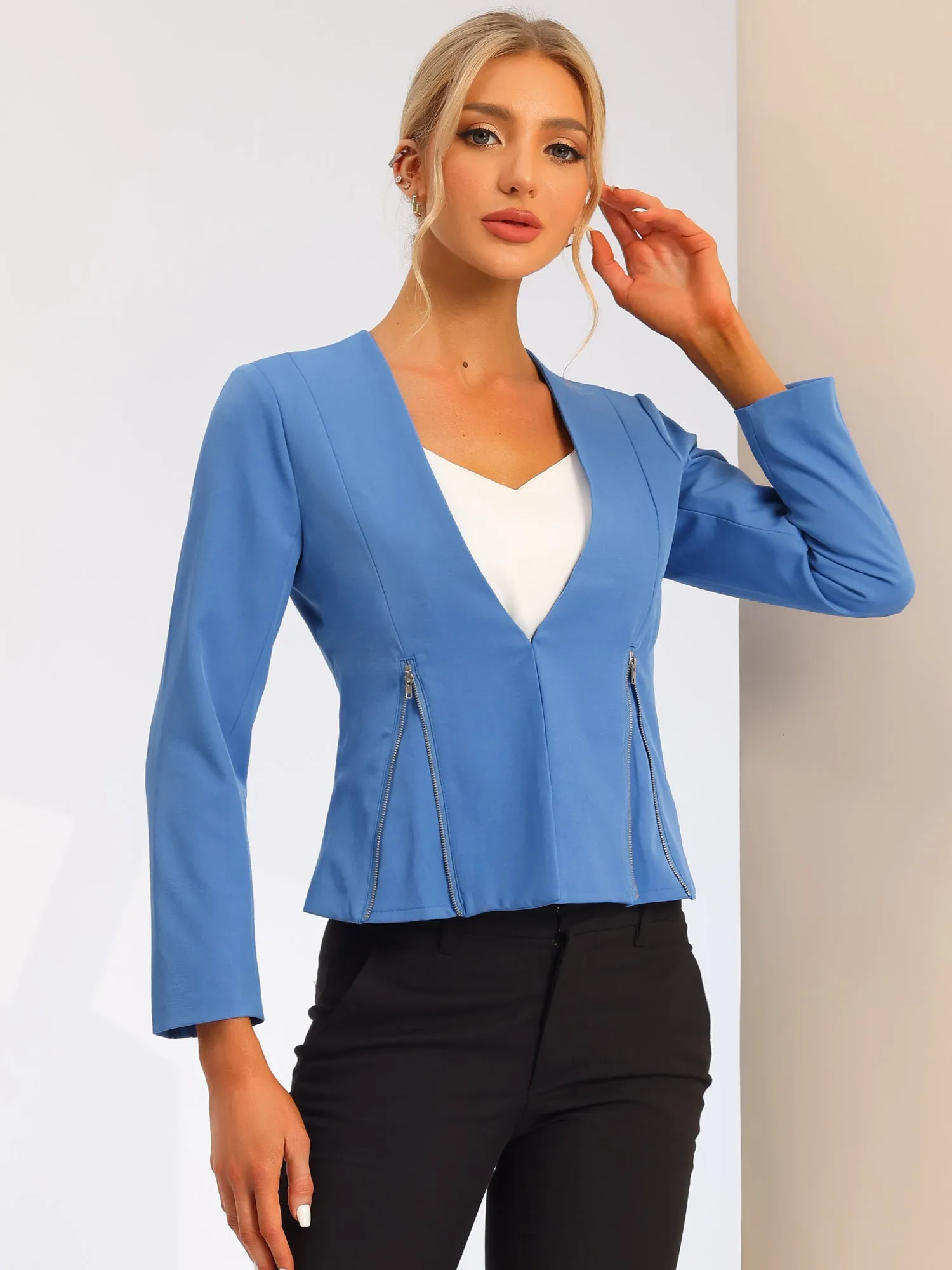 Solid Color Long Sleeves Collarless Zipper Cropped Blazer sold by Allegra K product image thumbnail 2