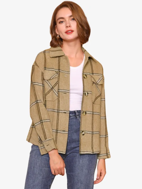 Button Down Collar Single Breasted Coat Outerwear Shirt Plaid Jacket sold by Allegra K