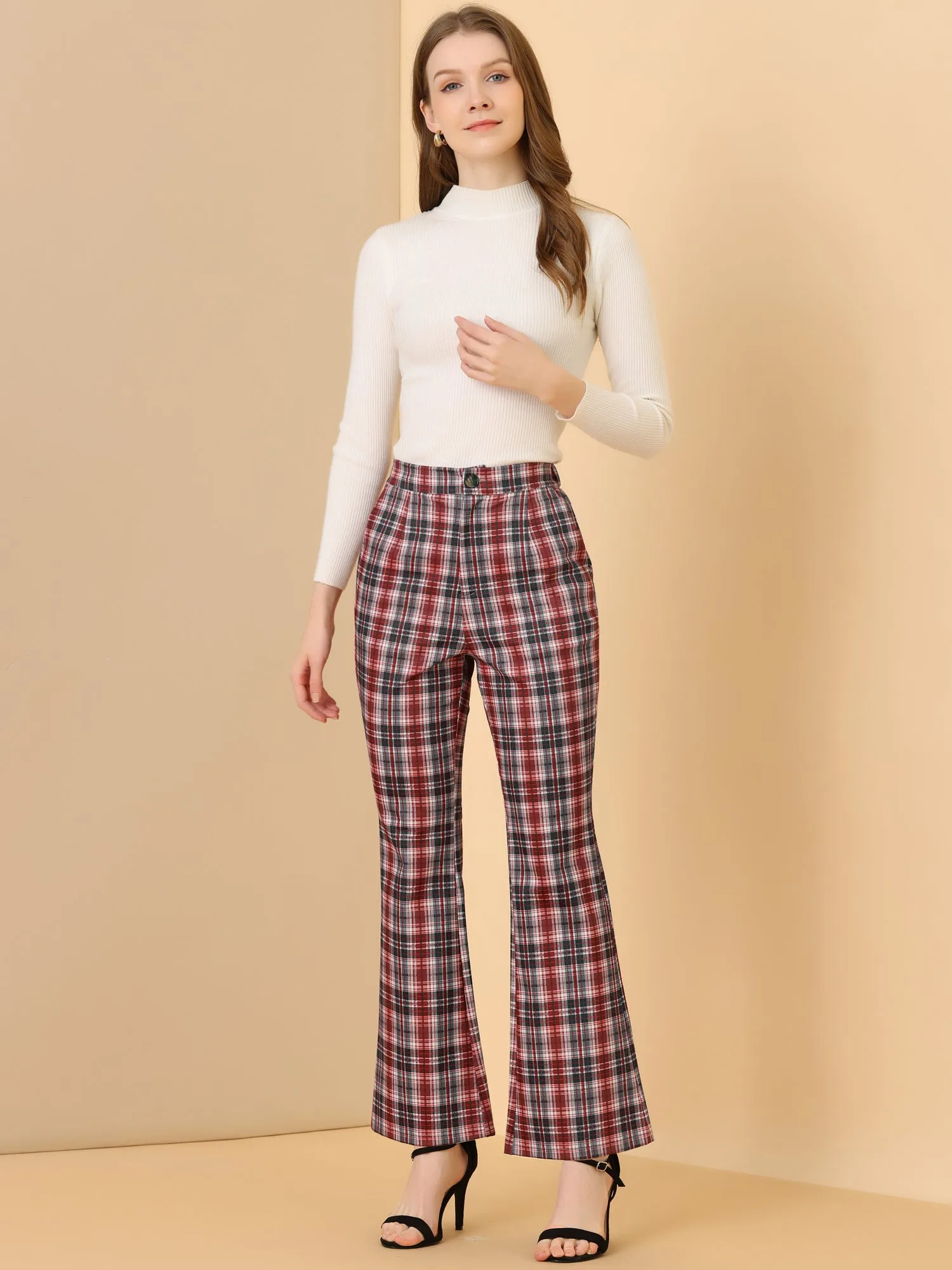 Plaid High Waist Bell Bottom Pants Stretchy Flare Leg Trousers sold by Allegra K product image thumbnail 3