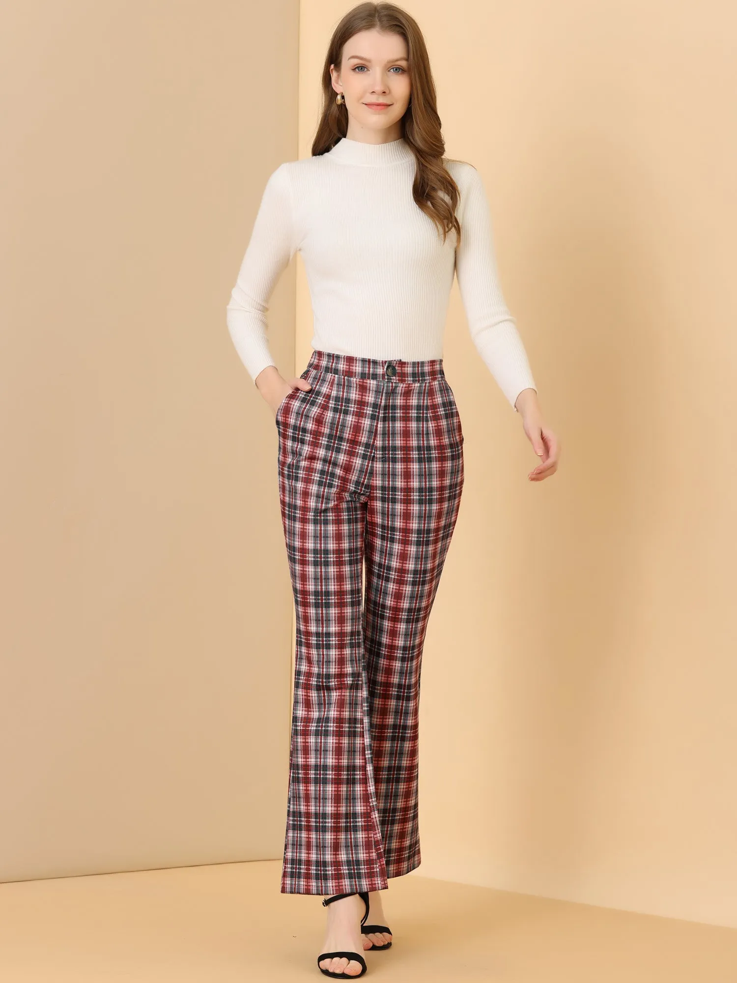 Plaid High Waist Bell Bottom Pants Stretchy Flare Leg Trousers sold by Allegra K product image thumbnail 4
