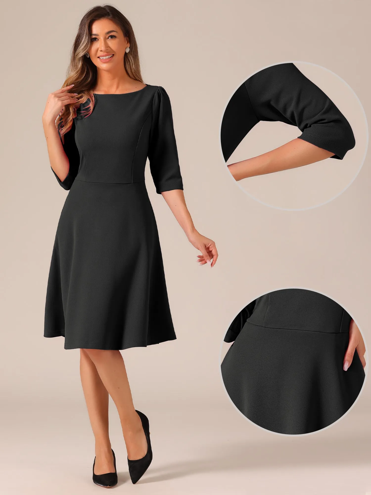 Boat Neck 3/4 Sleeves Midi Flared Office Dress sold by Allegra K product image thumbnail 5