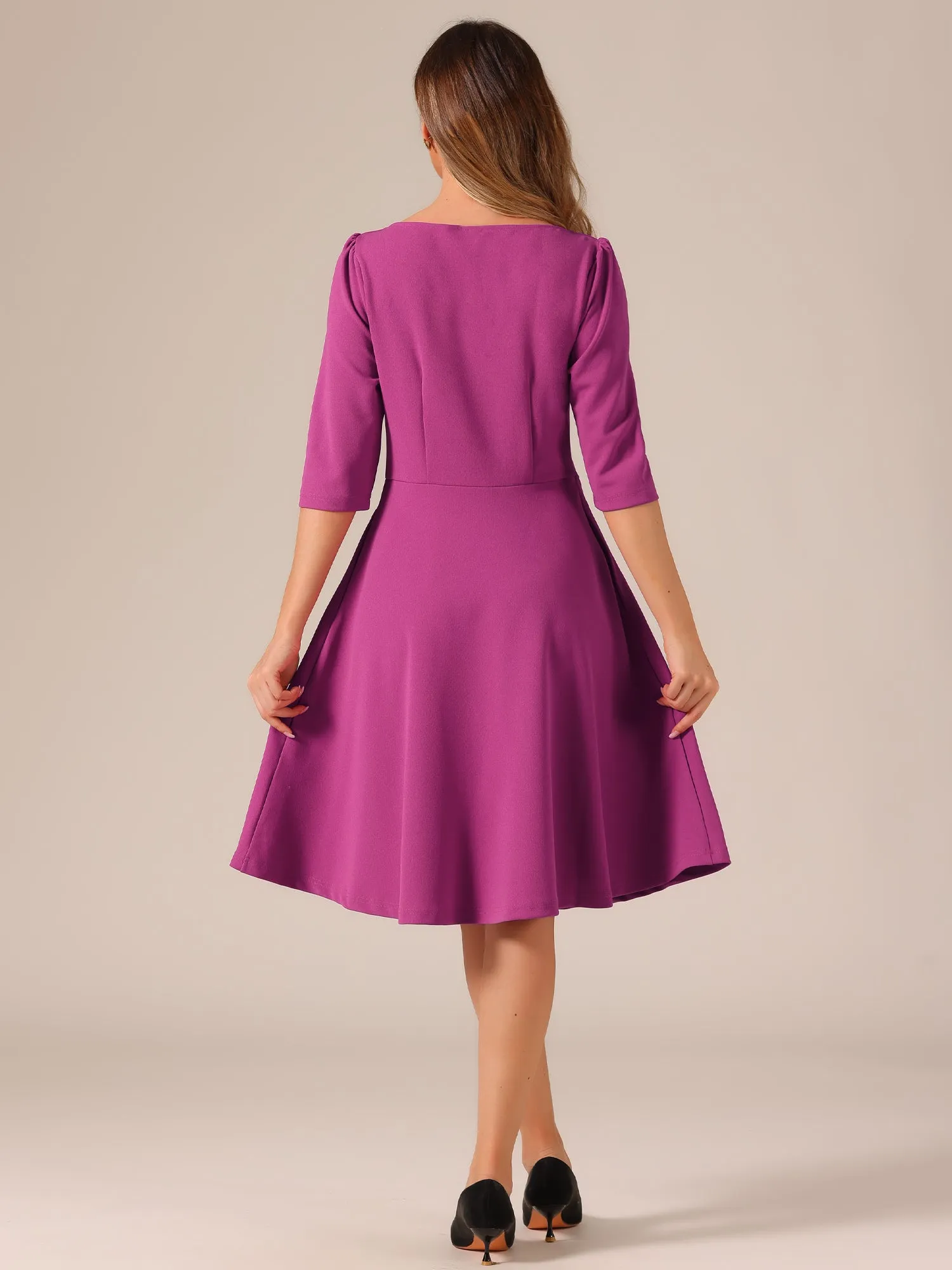Boat Neck 3/4 Sleeves Midi Flared Office Dress sold by Allegra K product image thumbnail 3
