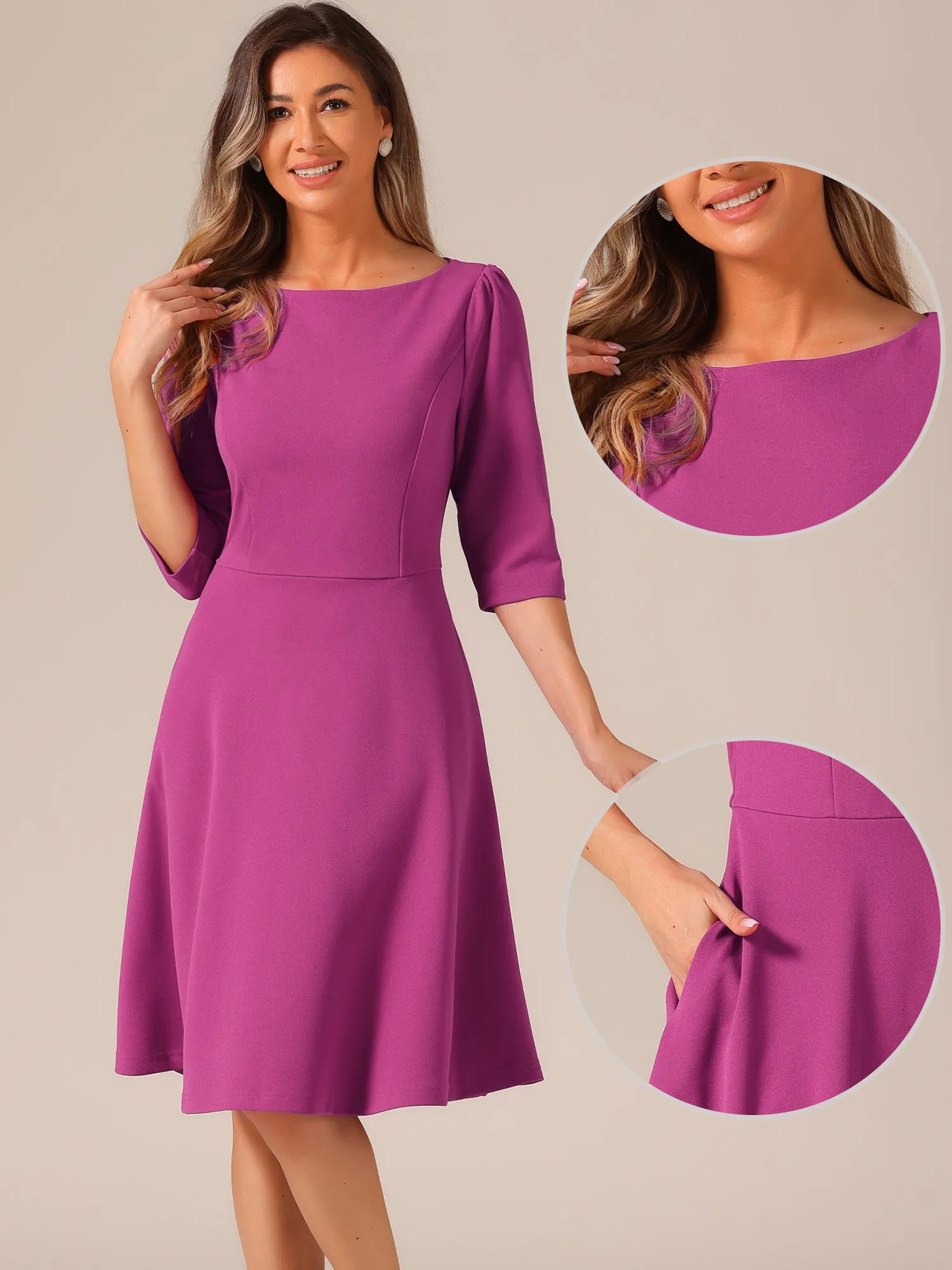 Boat Neck 3/4 Sleeves Midi Flared Office Dress sold by Allegra K product image thumbnail 2