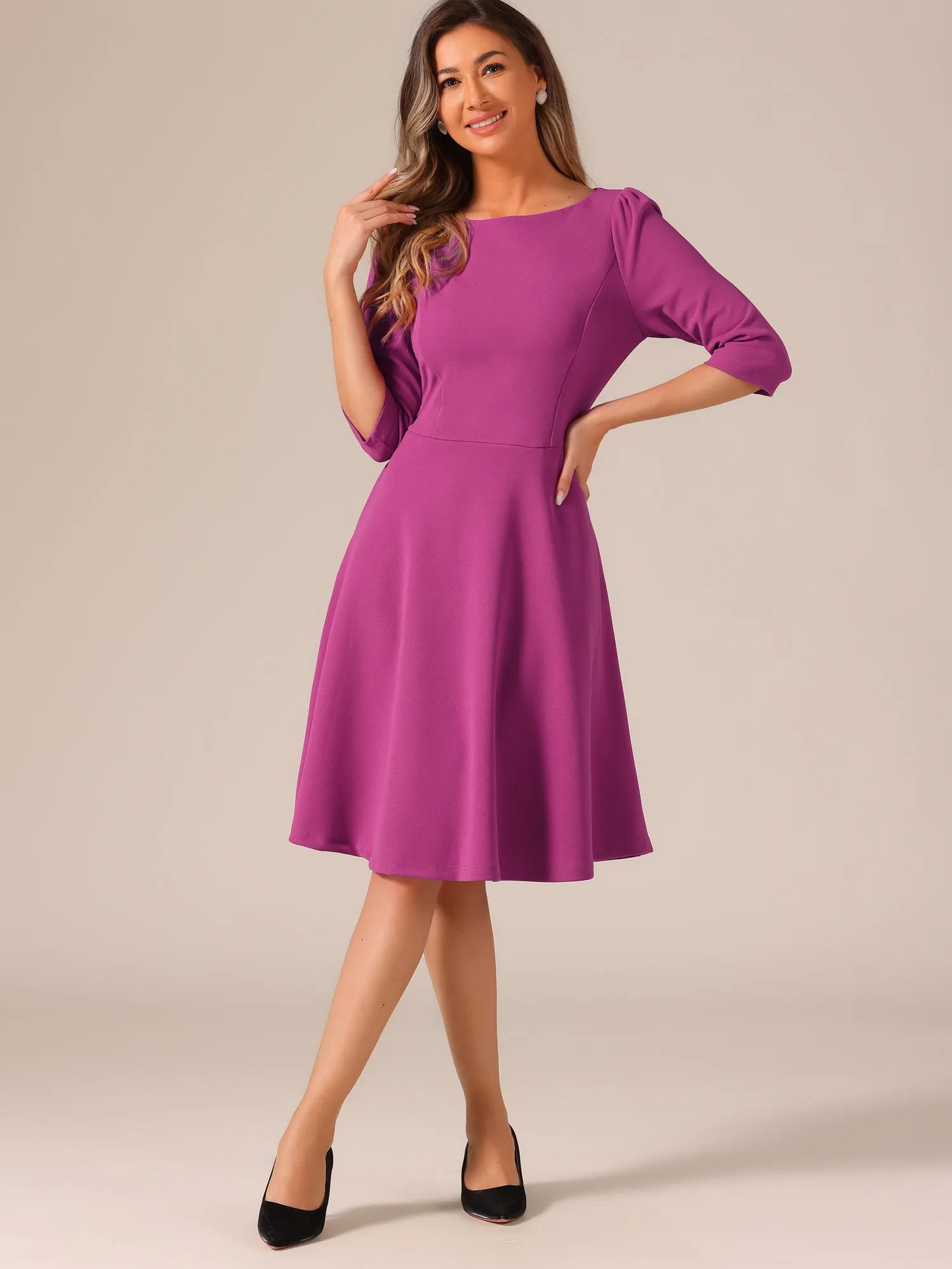 Boat Neck 3/4 Sleeves Midi Flared Office Dress sold by Allegra K