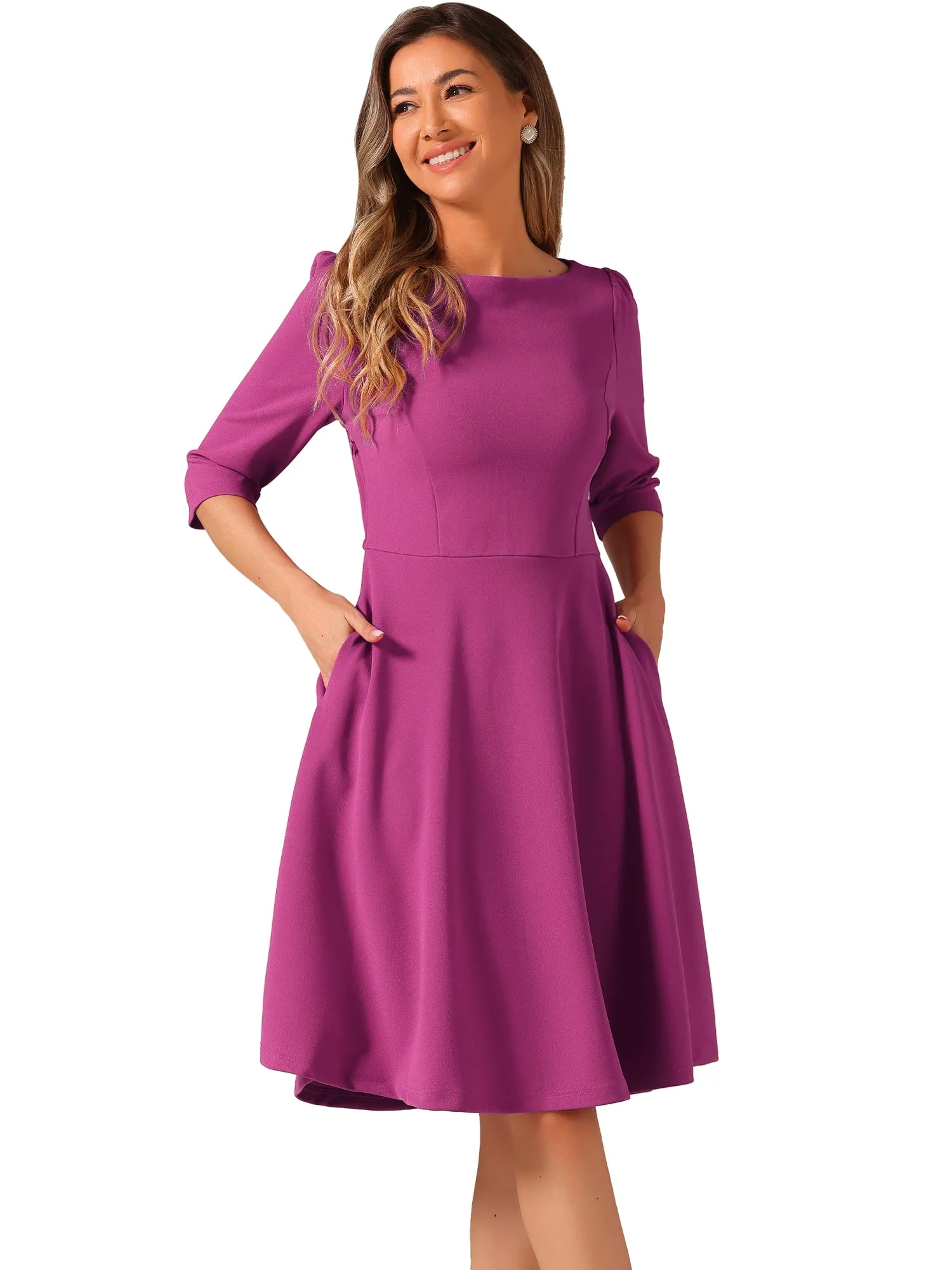 Boat Neck 3/4 Sleeves Midi Flared Office Dress sold by Allegra K product image thumbnail 4