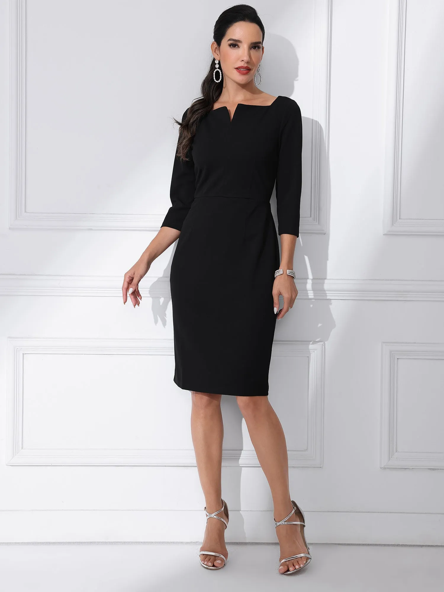Notch Neck 3/4 Sleeve Work Office Business Midi Sheath Dress sold by Allegra K