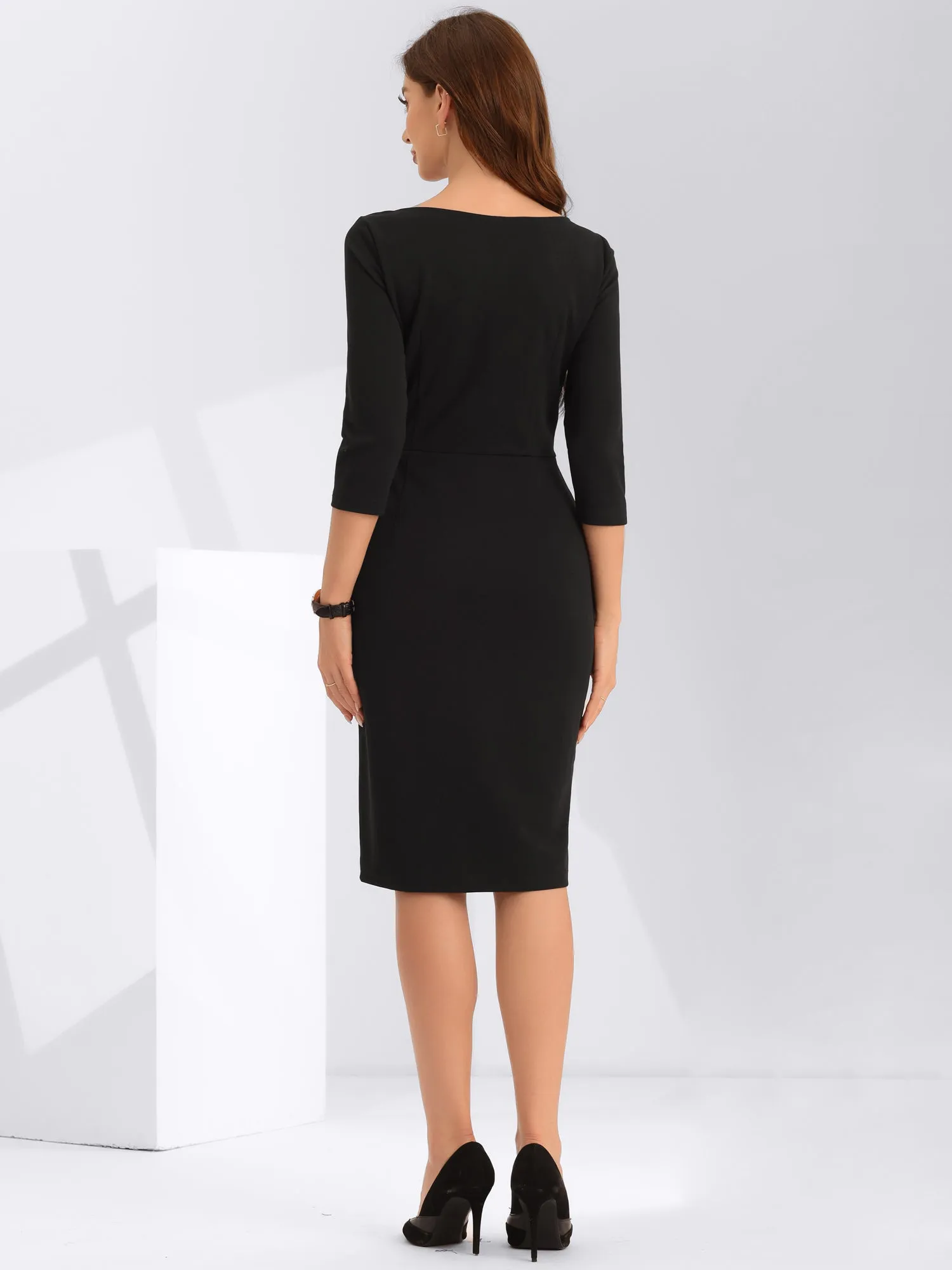 Notch Neck 3/4 Sleeve Work Office Business Midi Sheath Dress sold by Allegra K product image thumbnail 3