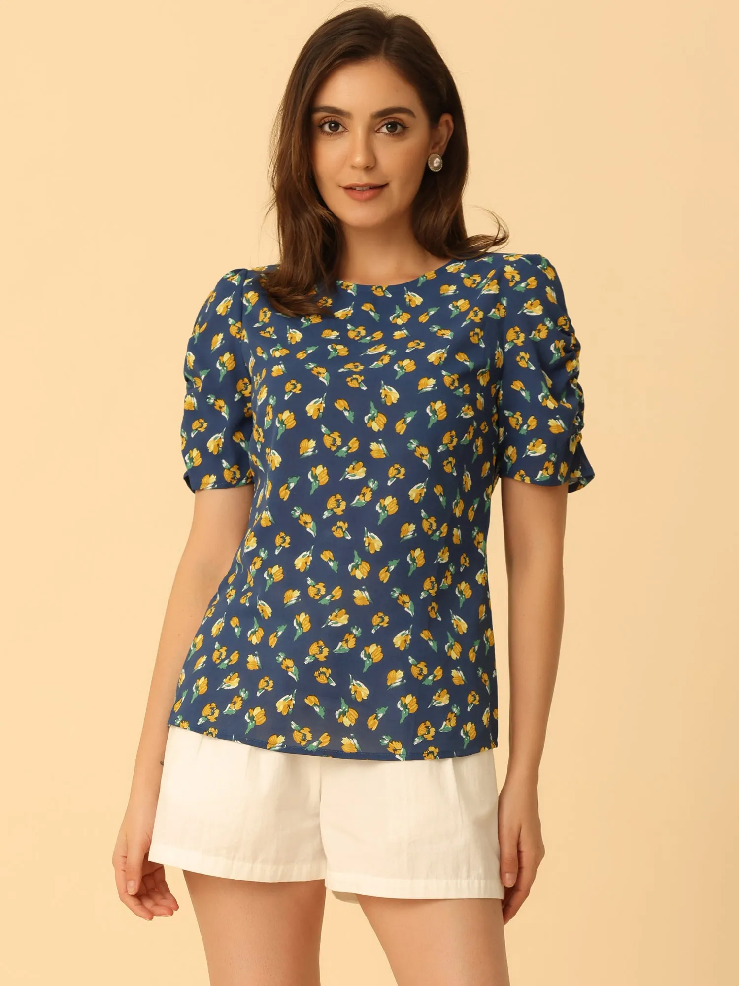 Crew Neck Floral Casual Shirred Short Sleeve Blouse sold by Allegra K product image thumbnail 3