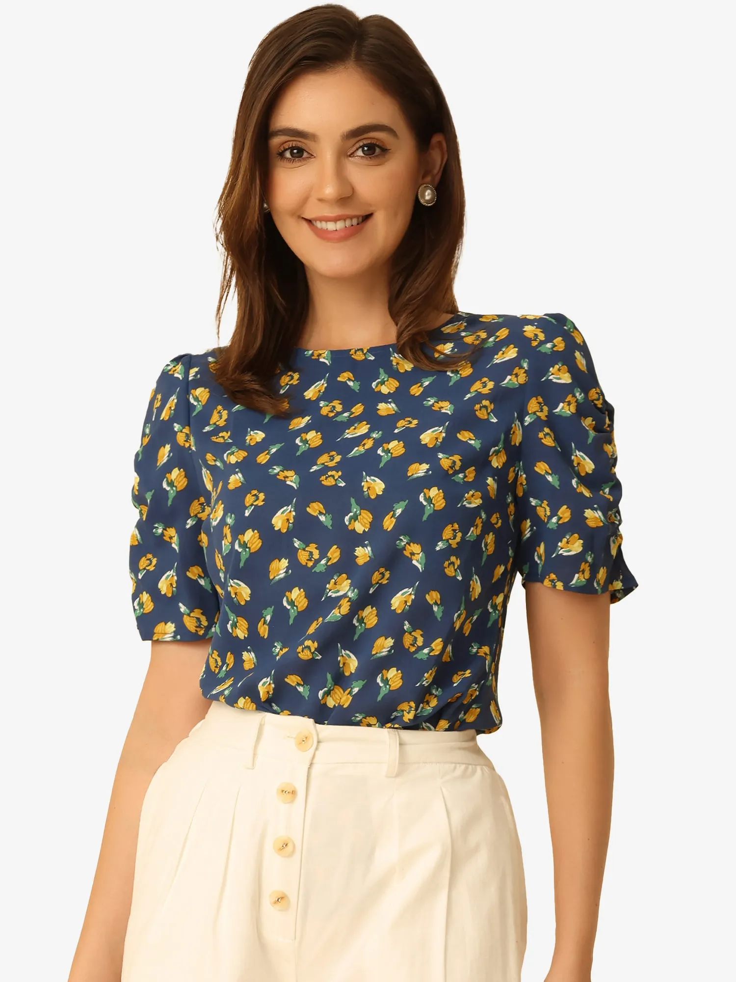 Crew Neck Floral Casual Shirred Short Sleeve Blouse sold by Allegra K