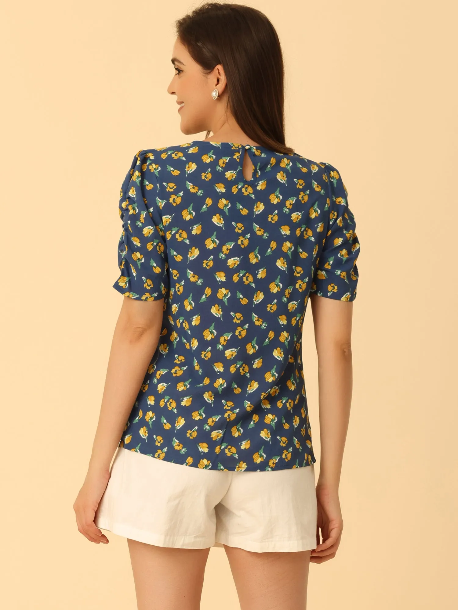 Crew Neck Floral Casual Shirred Short Sleeve Blouse sold by Allegra K product image thumbnail 4