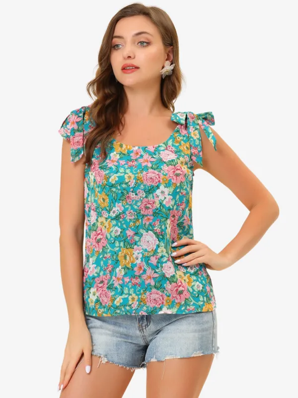 Boho Floral Print Casual Chiffon Tie Shoulders Tank Top sold by Allegra K