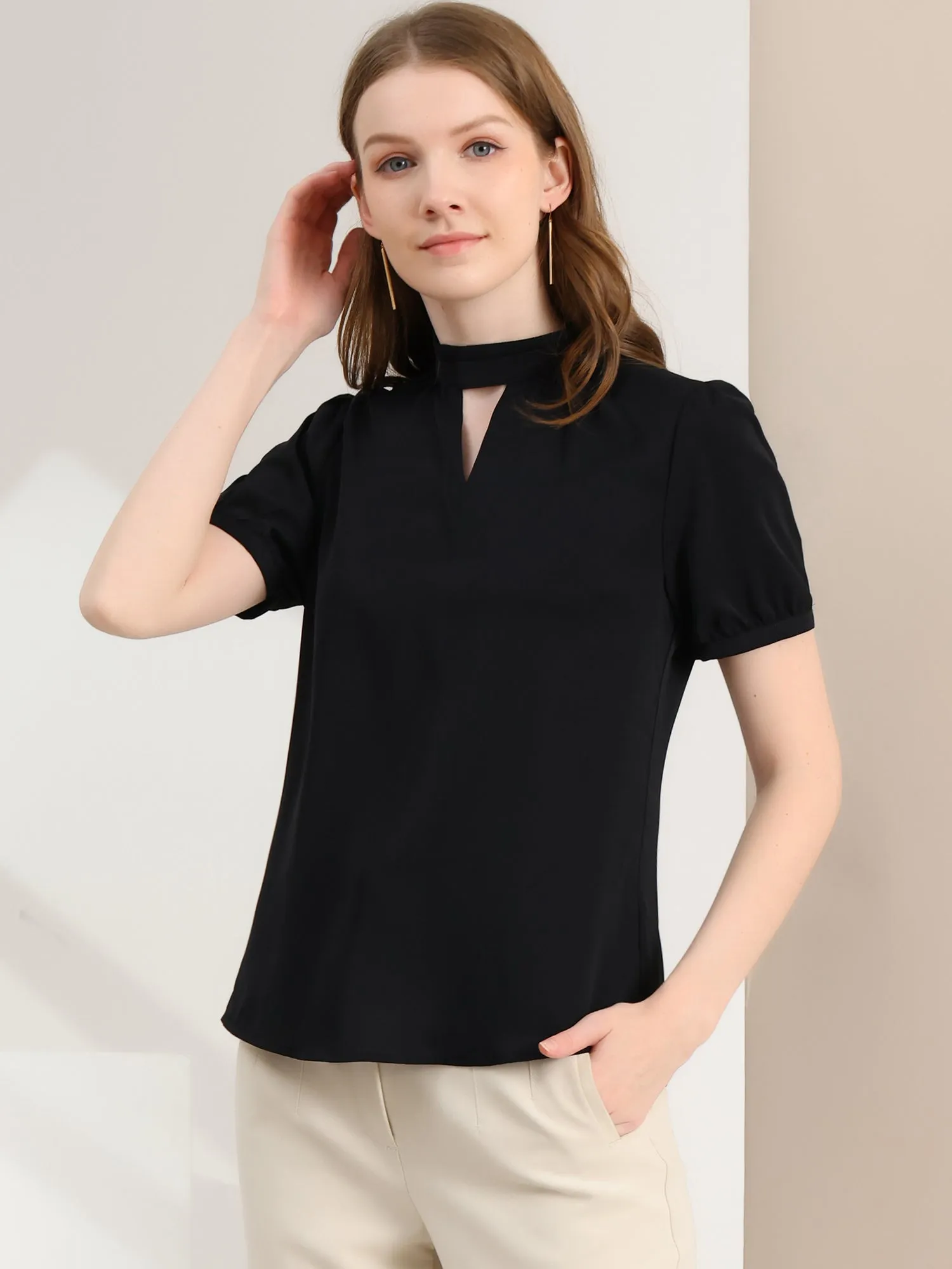 Office Elegant Stand Collar Short Sleeve Cut Out Keyhole Blouse sold by Allegra K