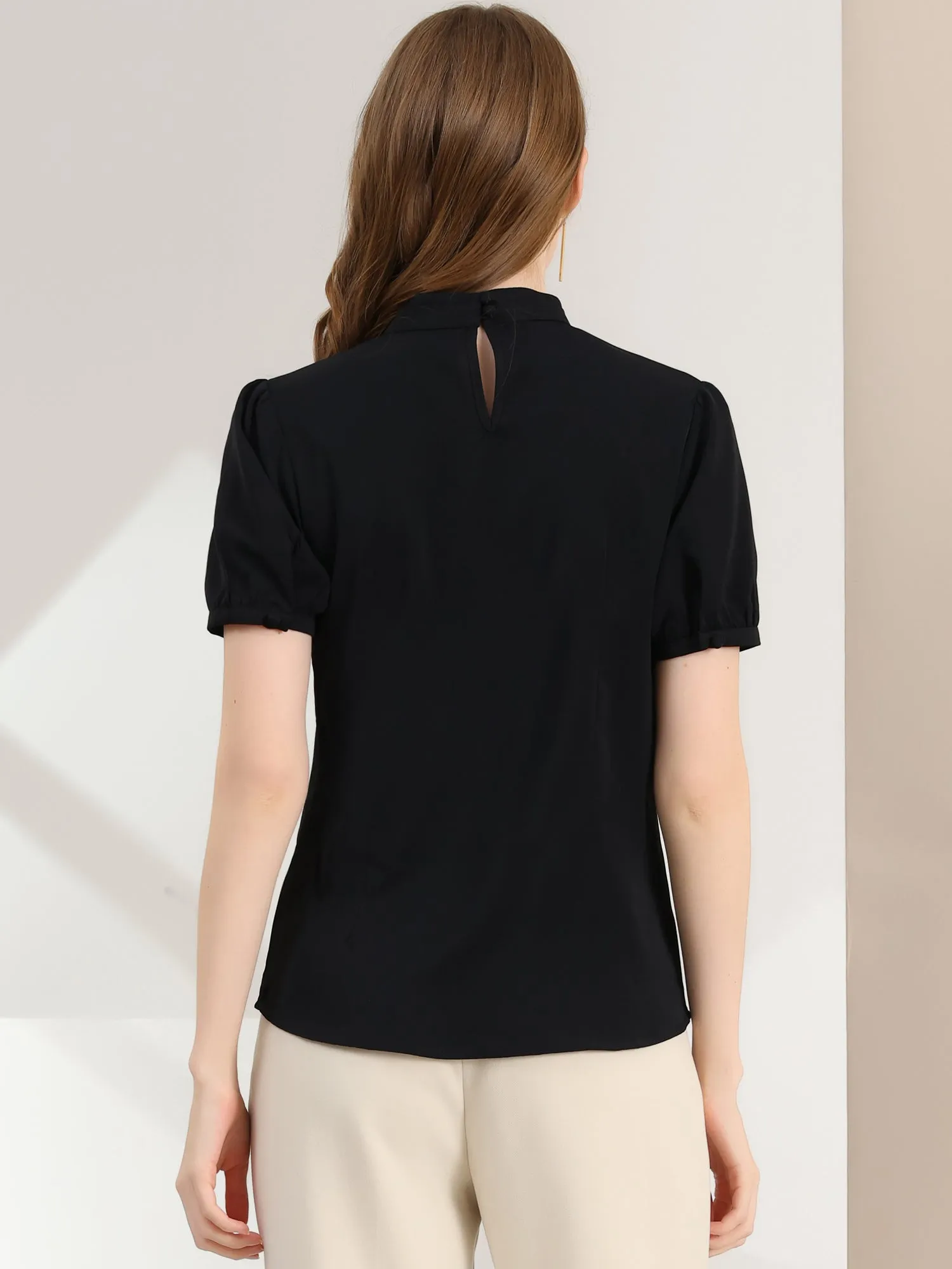 Office Elegant Stand Collar Short Sleeve Cut Out Keyhole Blouse sold by Allegra K product image thumbnail 4