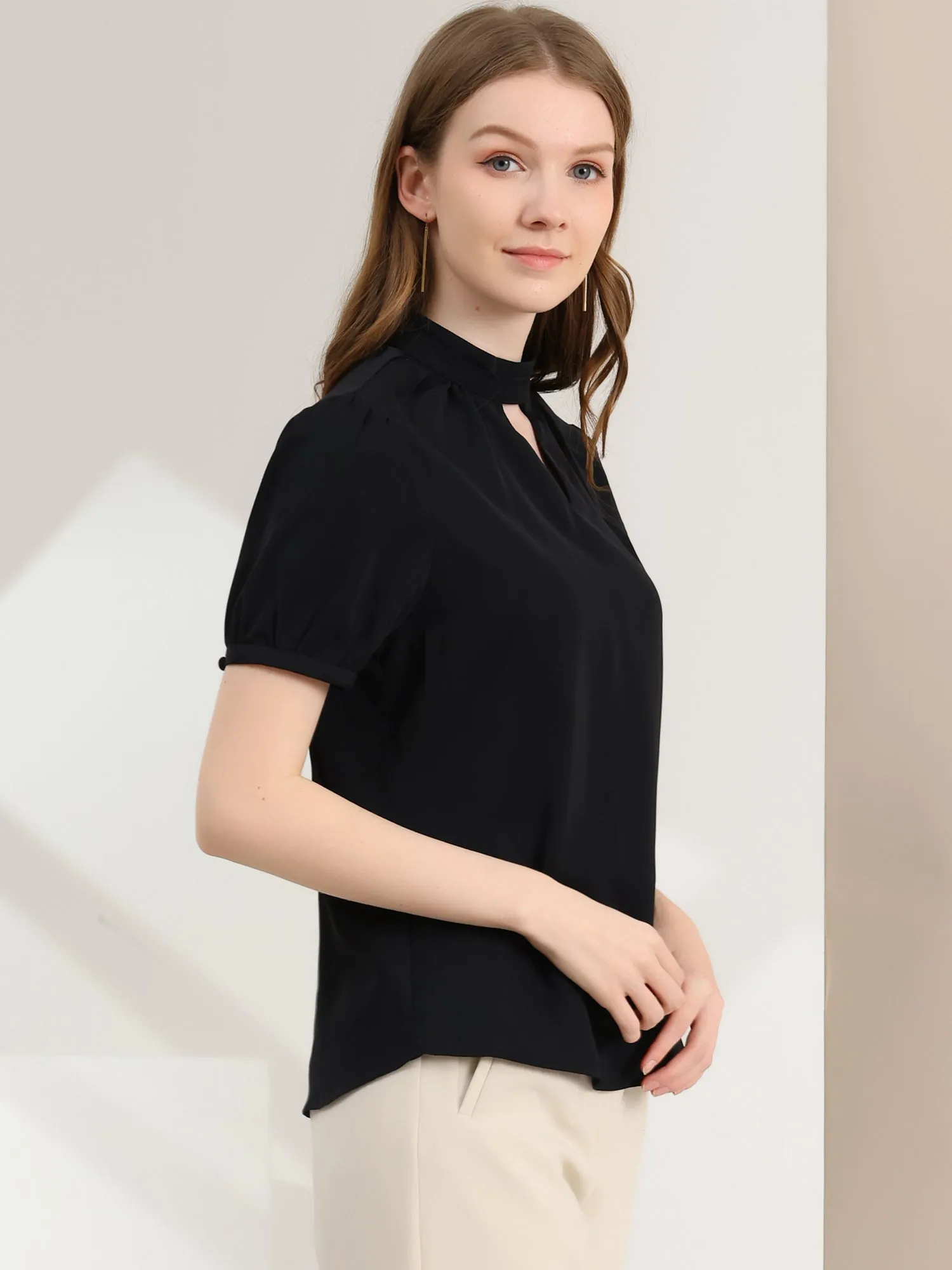 Office Elegant Stand Collar Short Sleeve Cut Out Keyhole Blouse sold by Allegra K product image thumbnail 3