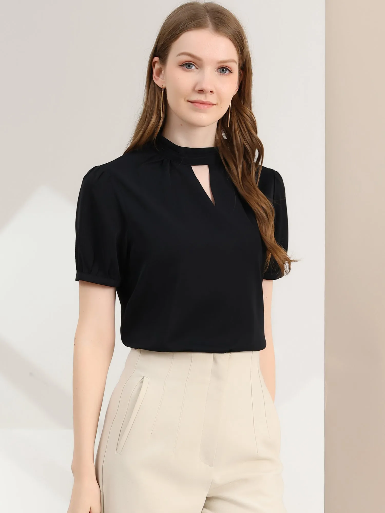 Office Elegant Stand Collar Short Sleeve Cut Out Keyhole Blouse sold by Allegra K product image thumbnail 2