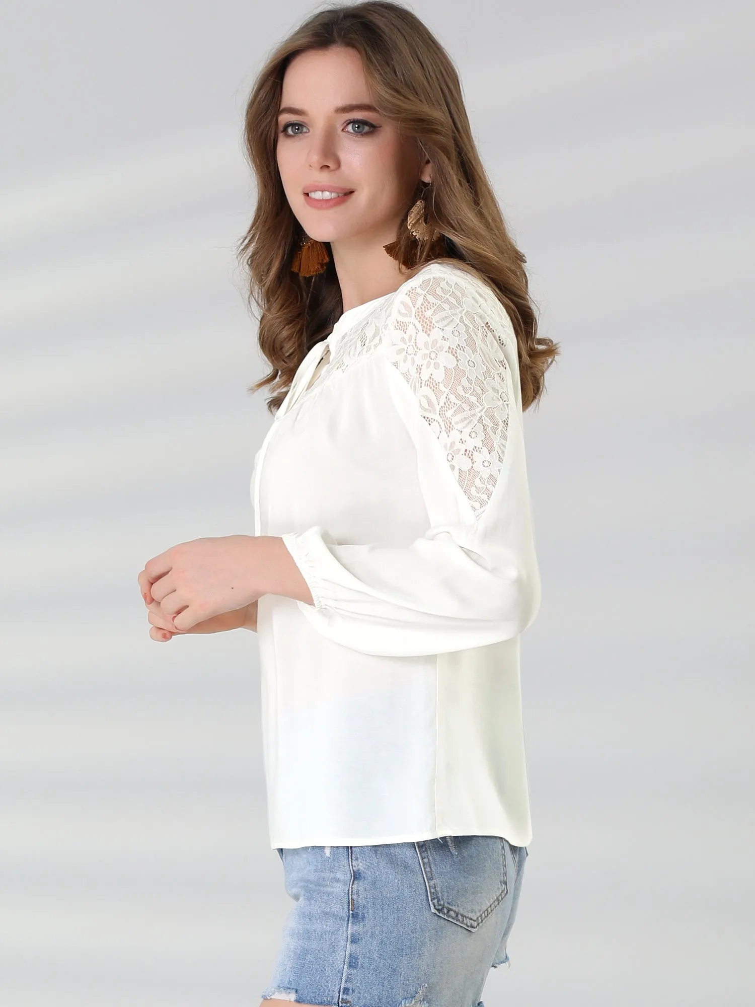 Tie Neck Long Sleeve Shirt Floral Semi Sheer Lace Blouse Top sold by Allegra K product image thumbnail 4