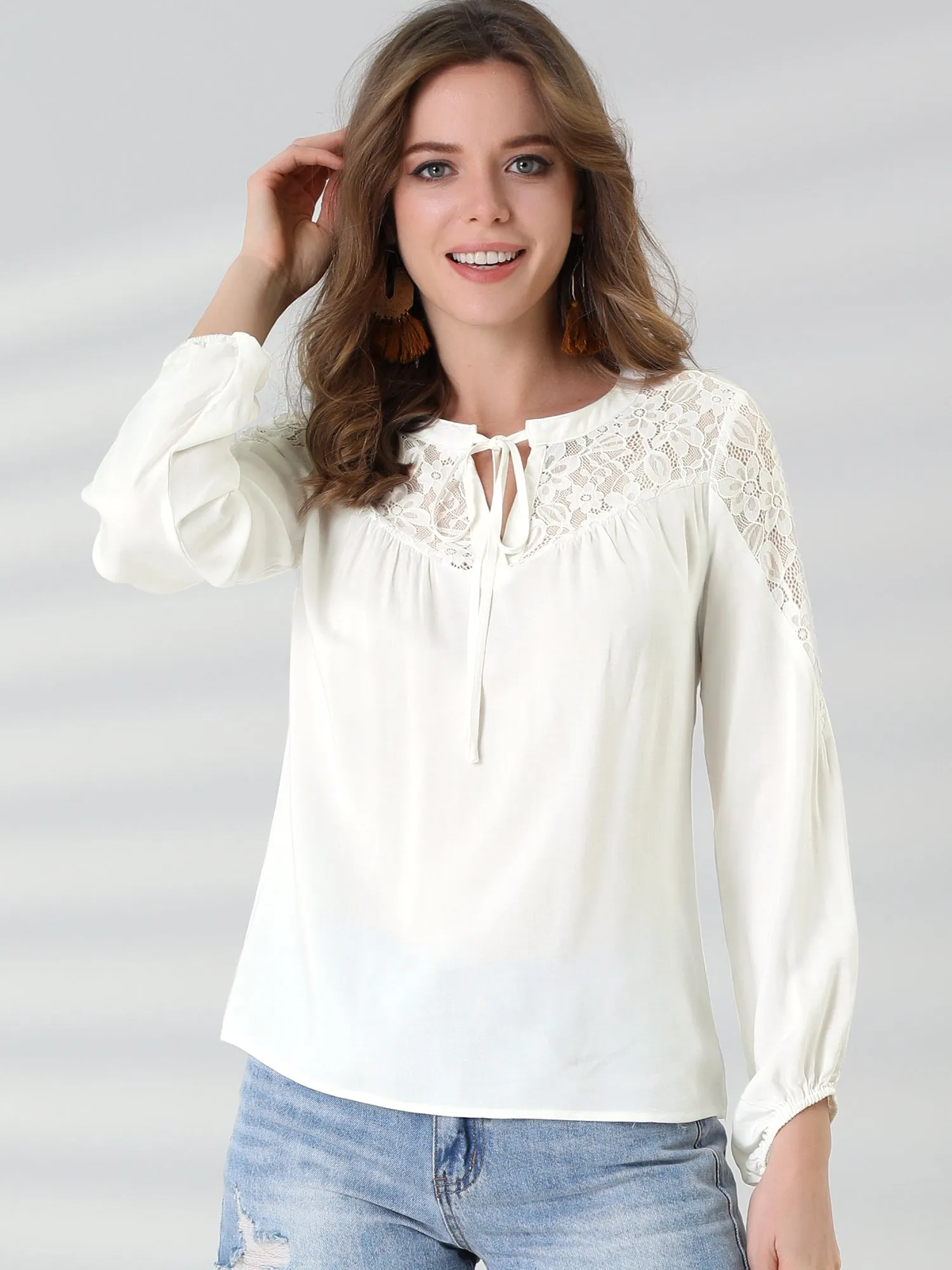 Tie Neck Long Sleeve Shirt Floral Semi Sheer Lace Blouse Top sold by Allegra K product image thumbnail 2