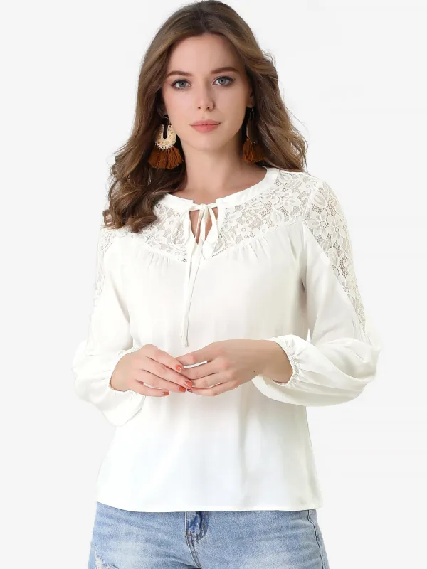 Tie Neck Long Sleeve Shirt Floral Semi Sheer Lace Blouse Top sold by Allegra K