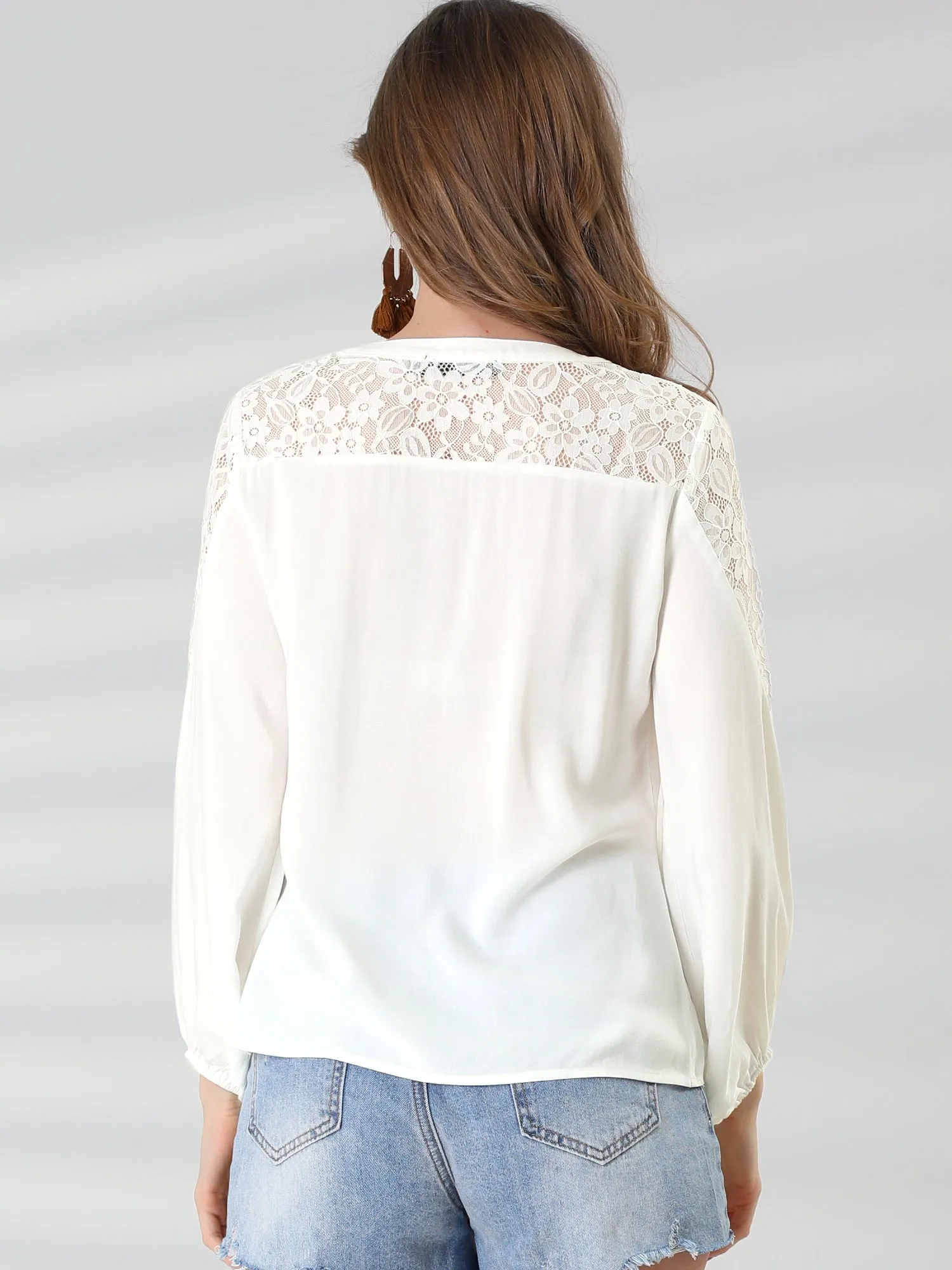 Tie Neck Long Sleeve Shirt Floral Semi Sheer Lace Blouse Top sold by Allegra K product image thumbnail 5