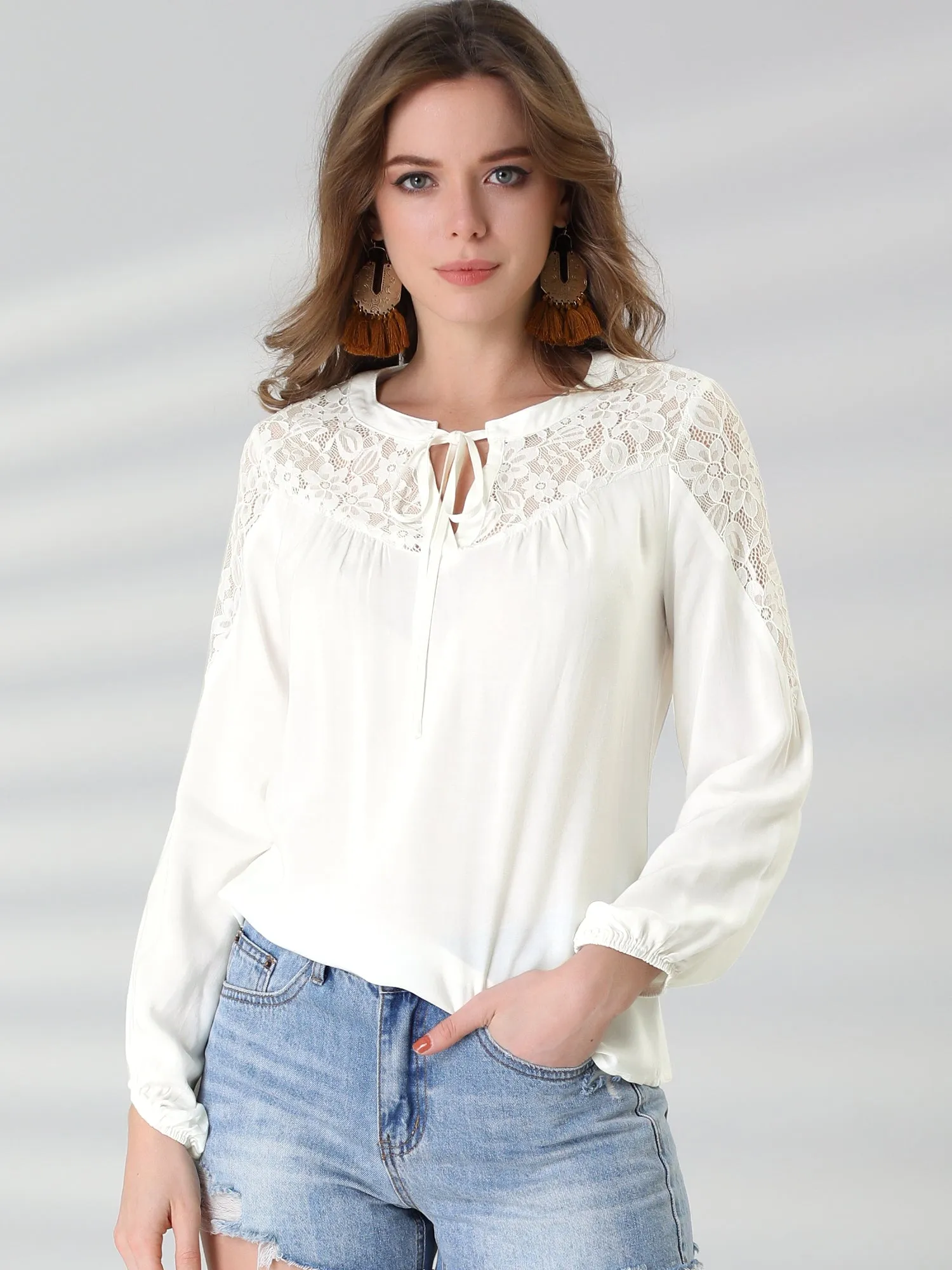 Tie Neck Long Sleeve Shirt Floral Semi Sheer Lace Blouse Top sold by Allegra K product image thumbnail 3