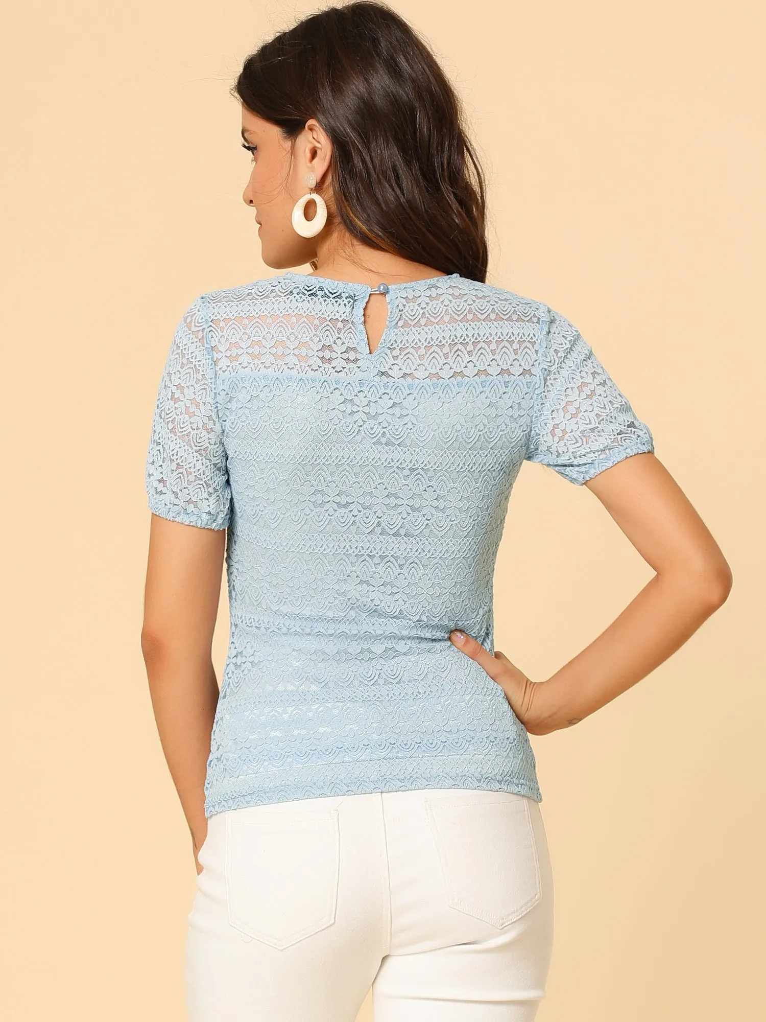 Slim Fit Puff Sleeve Elegant Embroidery Lace Tops sold by Allegra K product image thumbnail 4