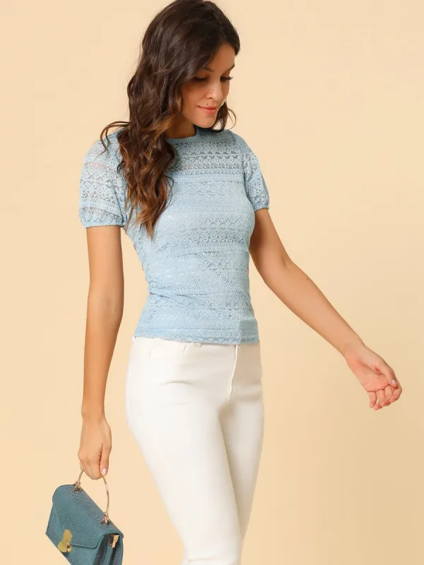 Slim Fit Puff Sleeve Elegant Embroidery Lace Tops sold by Allegra K
