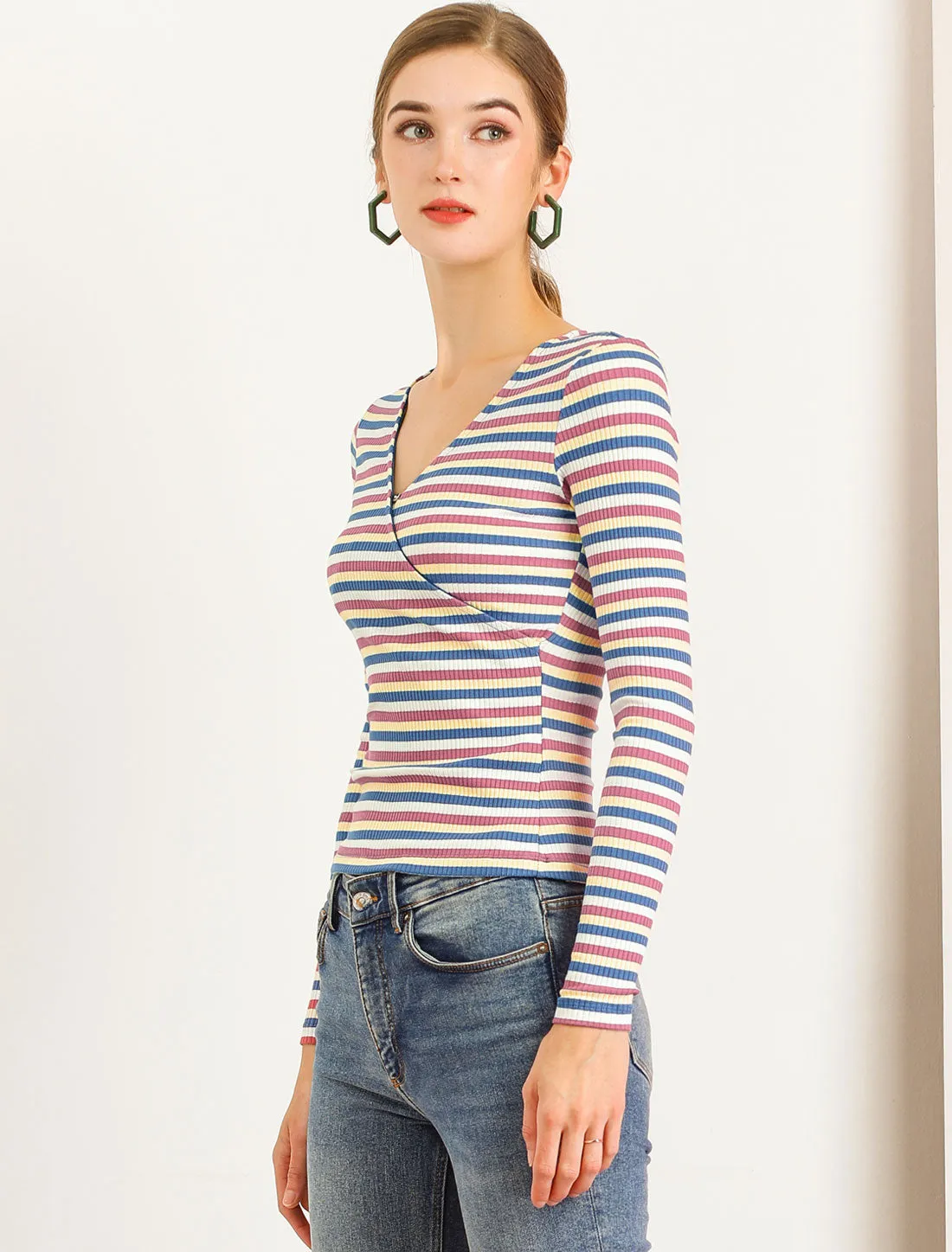 Stripe Rainbow Tops Slim Long Sleeve Knit Colorful T-Shirt sold by Allegra K product image thumbnail 4