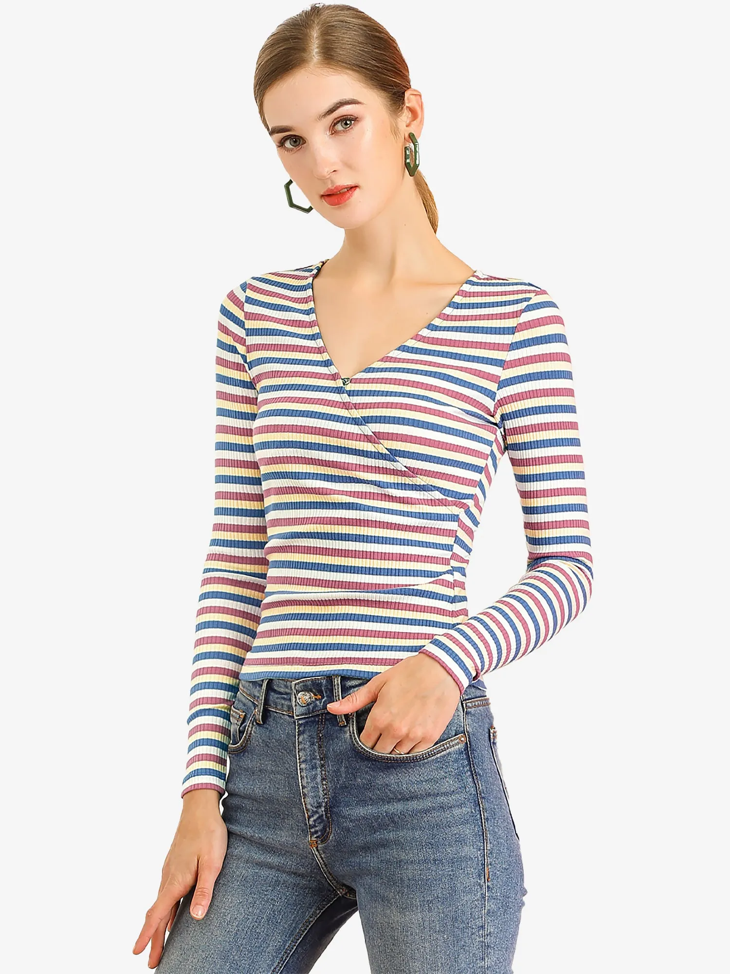 Stripe Rainbow Tops Slim Long Sleeve Knit Colorful T-Shirt sold by Allegra K